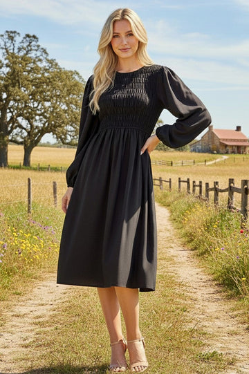 Beeson River Round Neck Smocked Midi Dress- 2 Colors