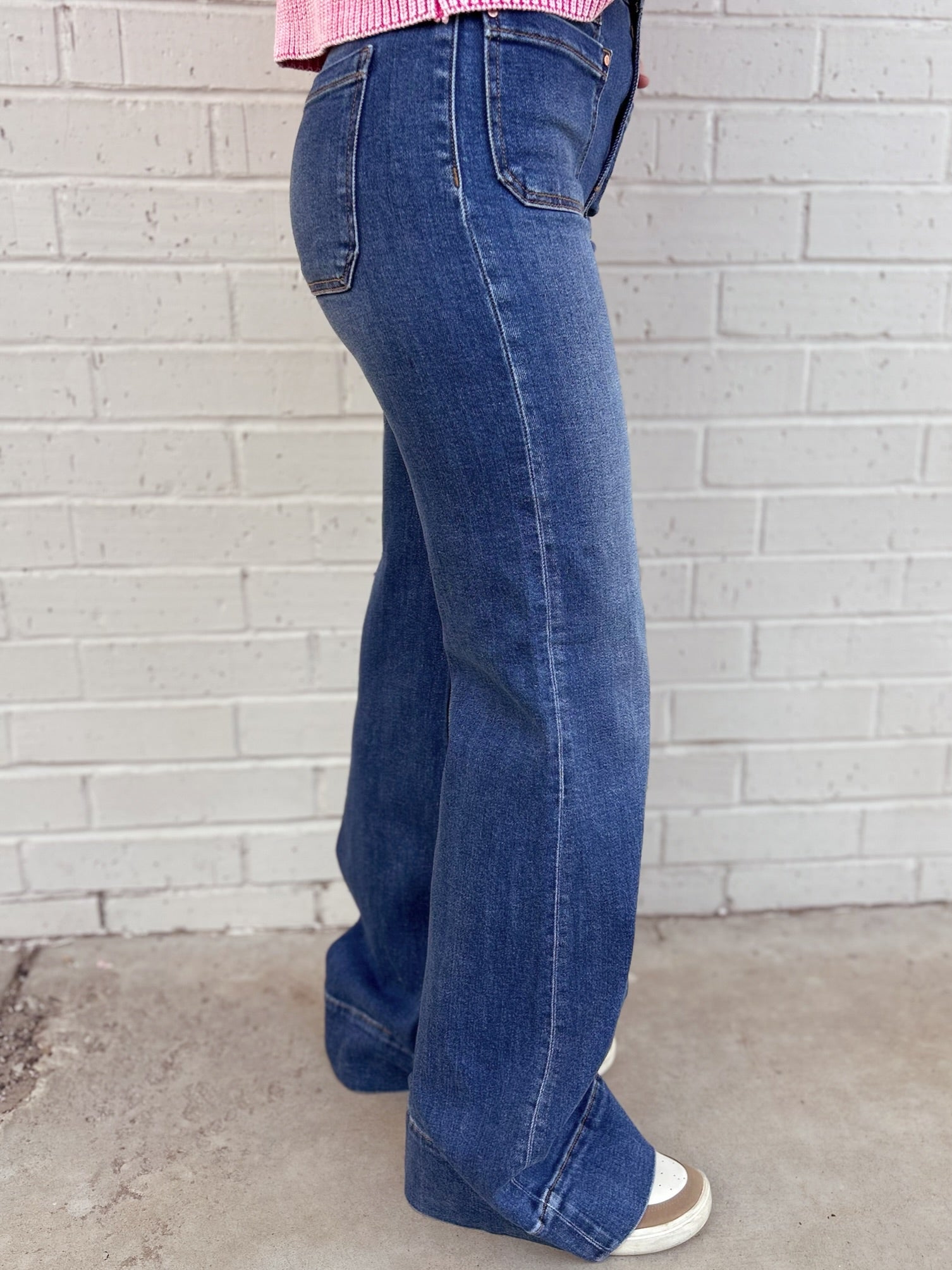 High Rise Wide Flare Patch Pocket Jeans