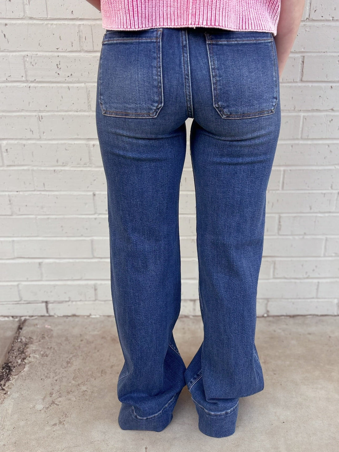 High Rise Wide Flare Patch Pocket Jeans
