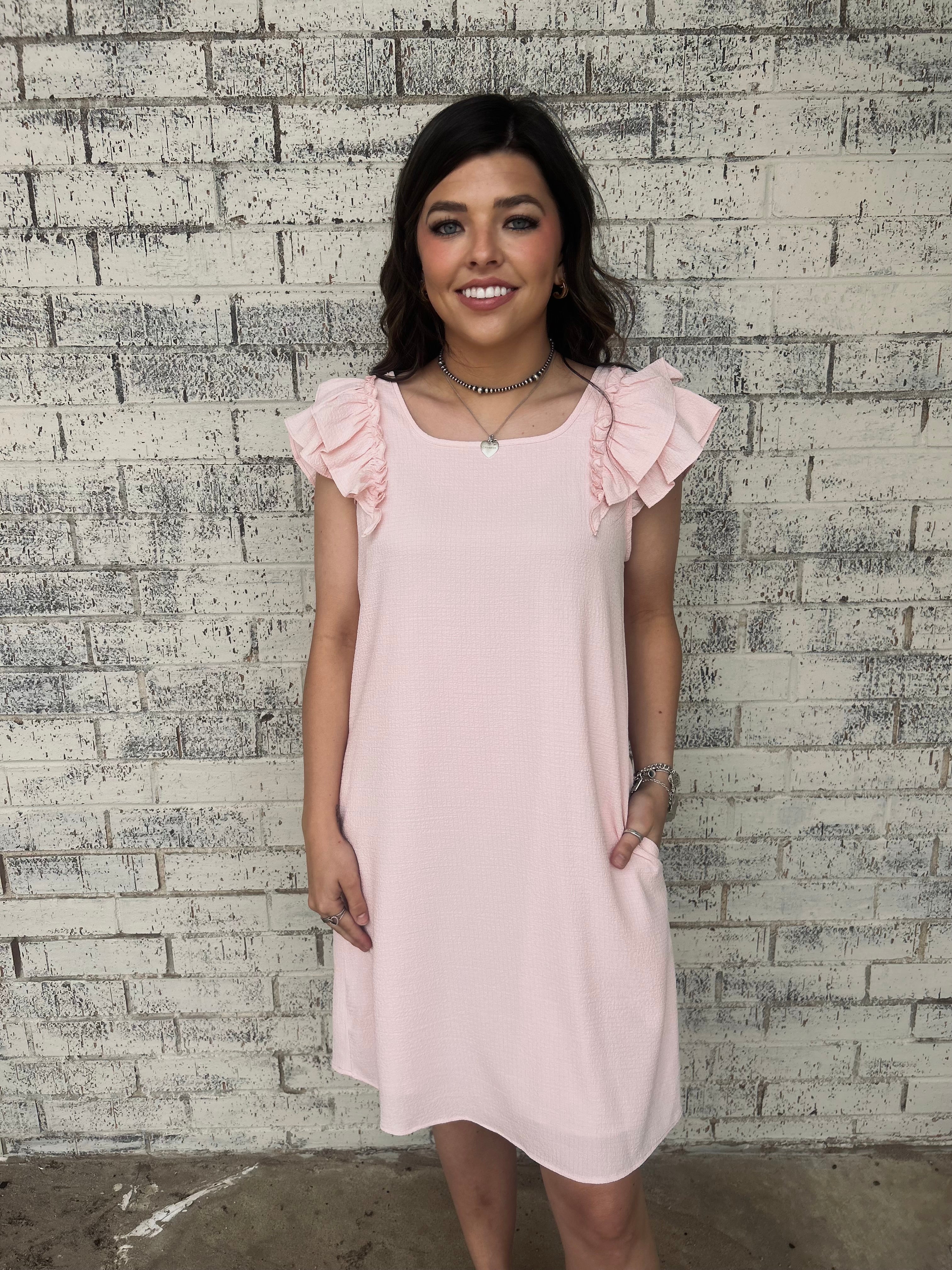 Baby Pink Textured Flutter Sleeve Bow Back Mini Dress*