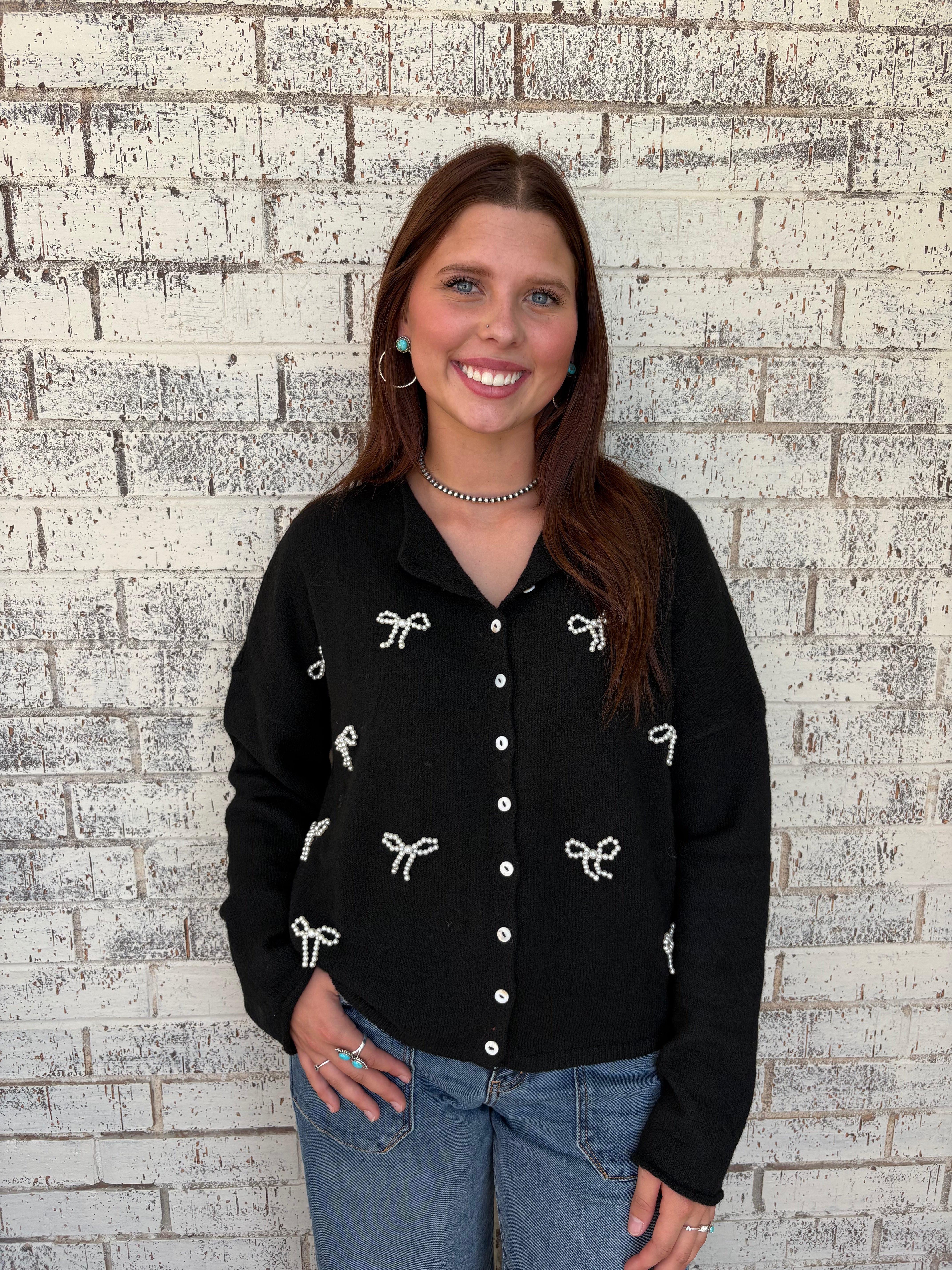 Black Sophisticated Pearl Bow Detail Sweater*