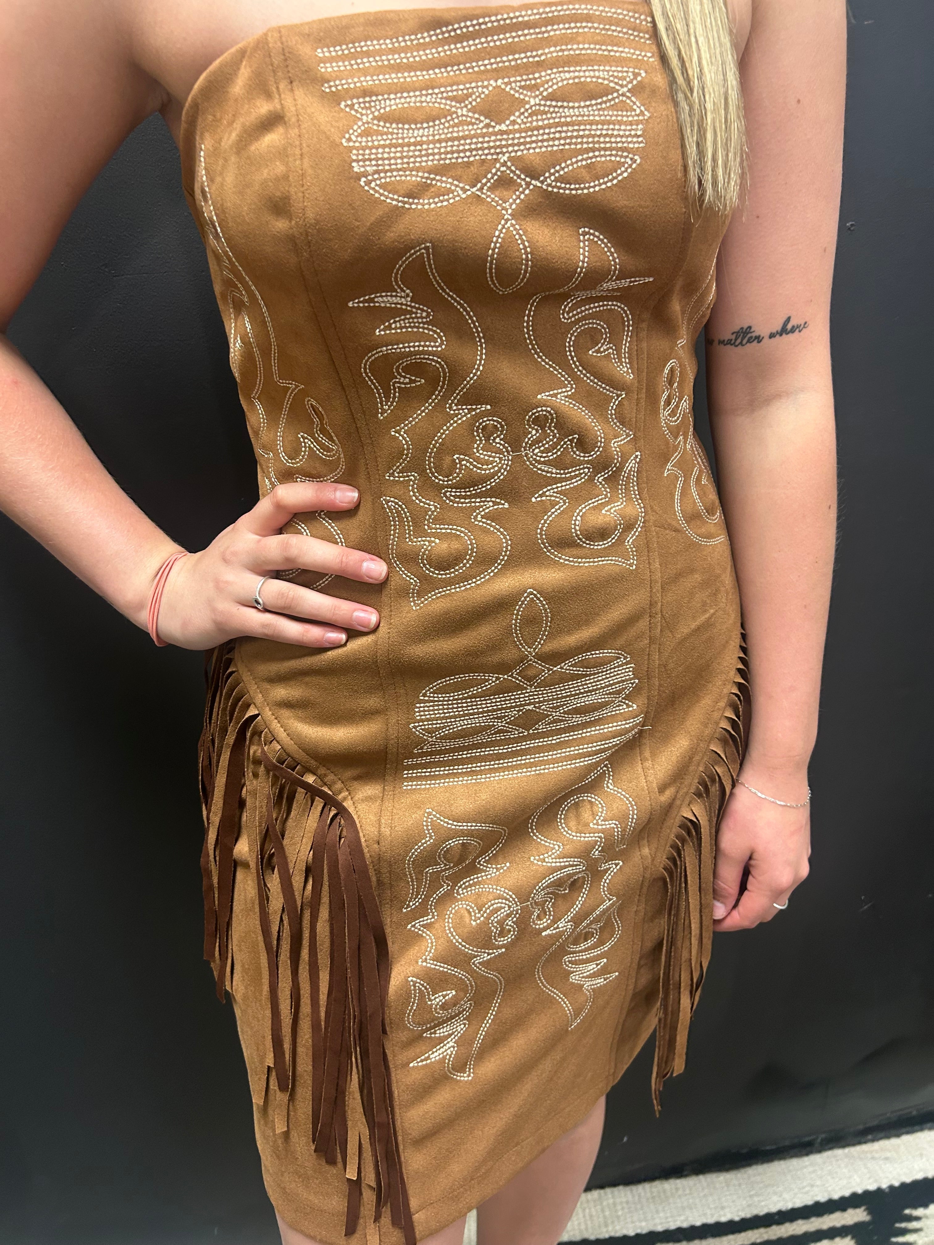 Camel Suede Boot Stitch Embroidered Fringe Dress*