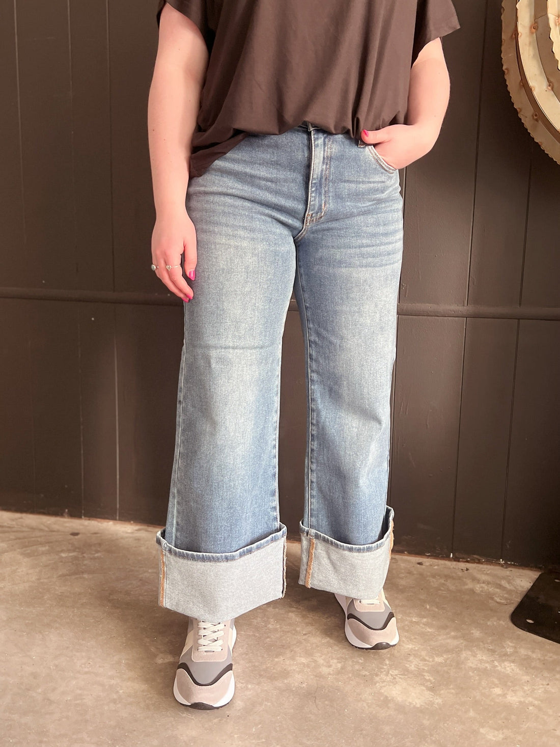 Dual Wear Wide Leg Cuffed Denim Jeans*