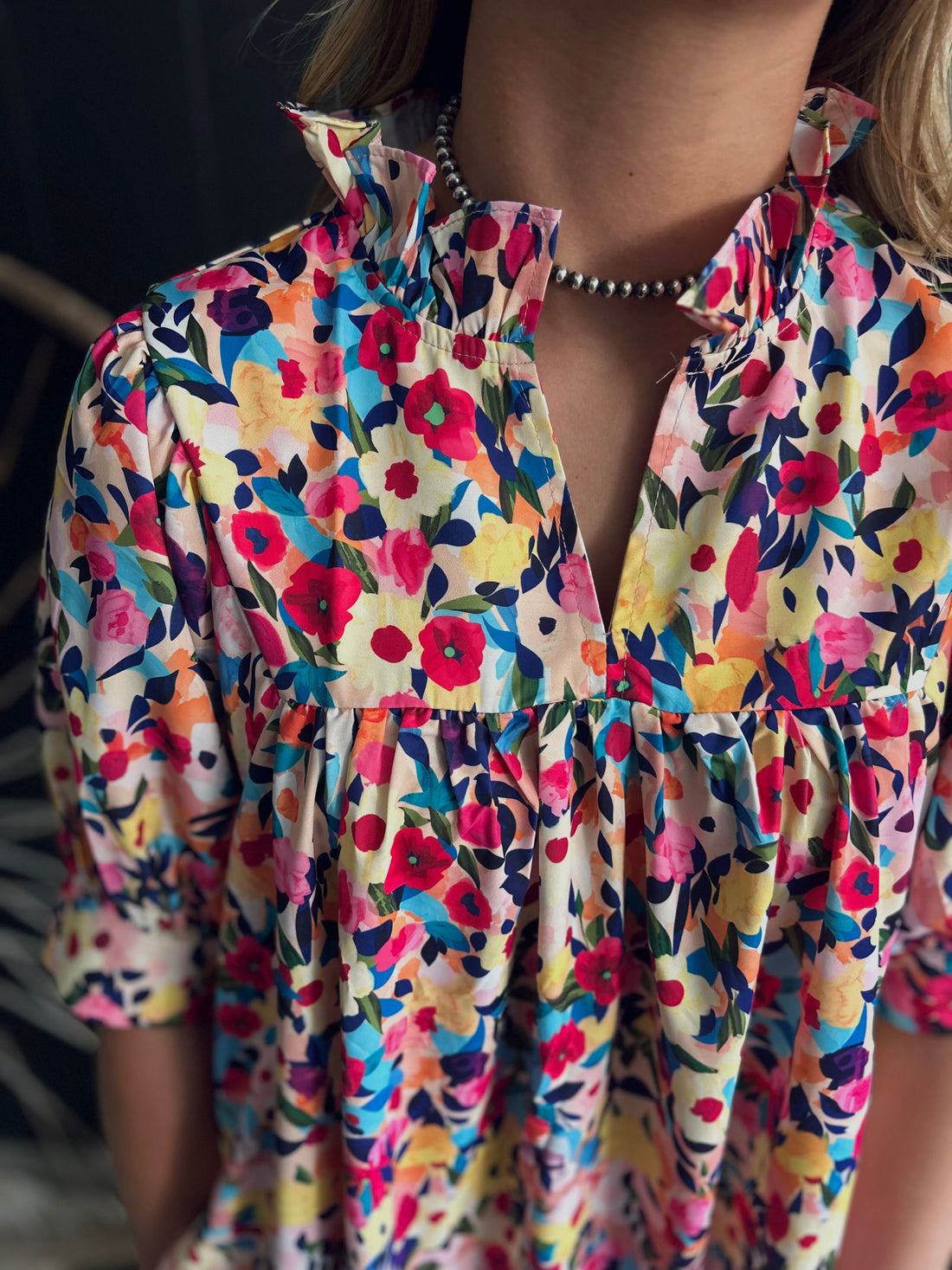 Floral Puff Short Sleeve V Neck Mini Dress