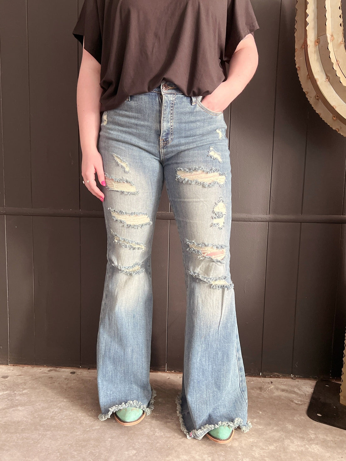 High Rise Tummy Control Distressed Flare Jeans*