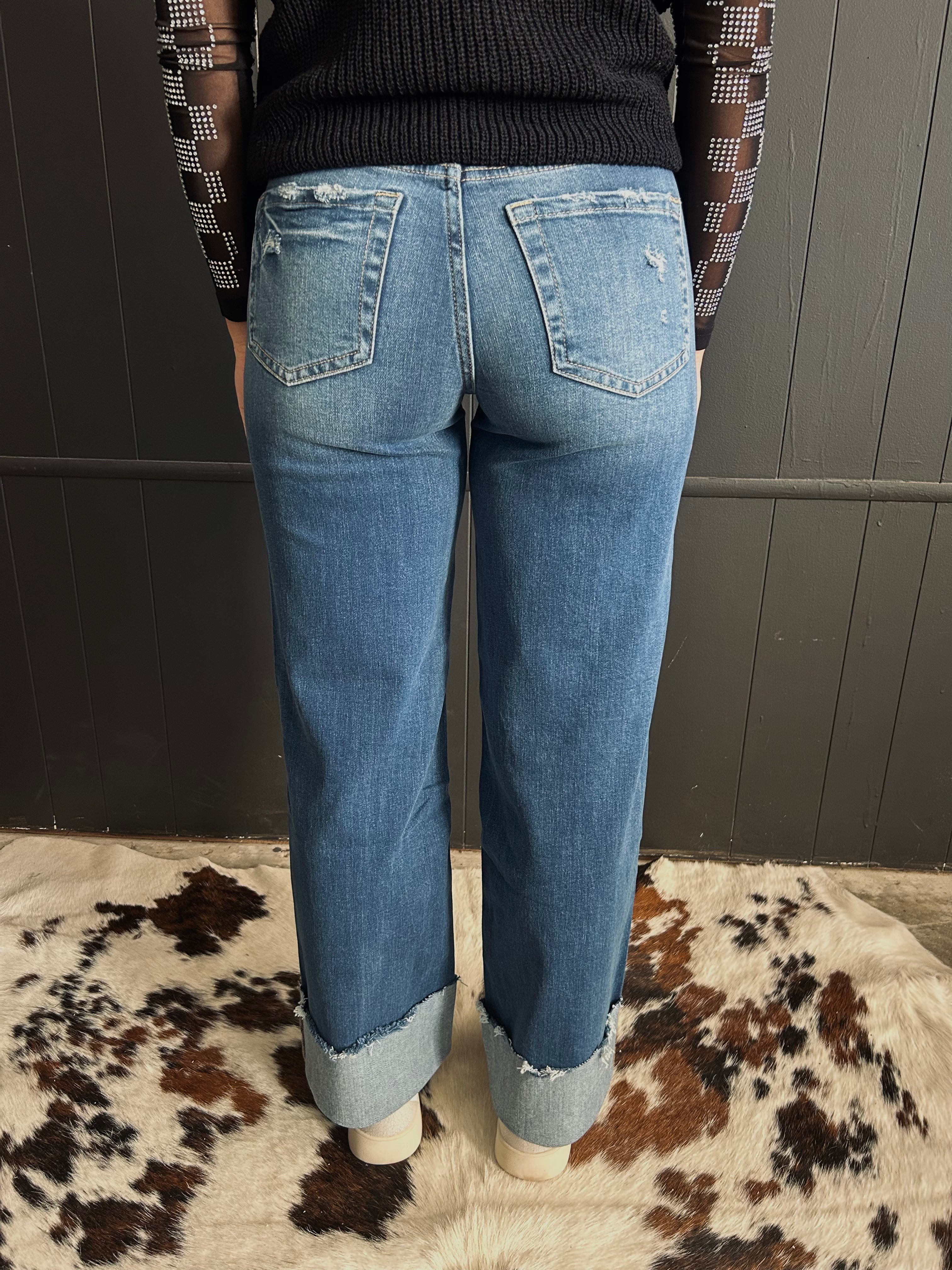 High Rise Wide Leg Cuff Jeans