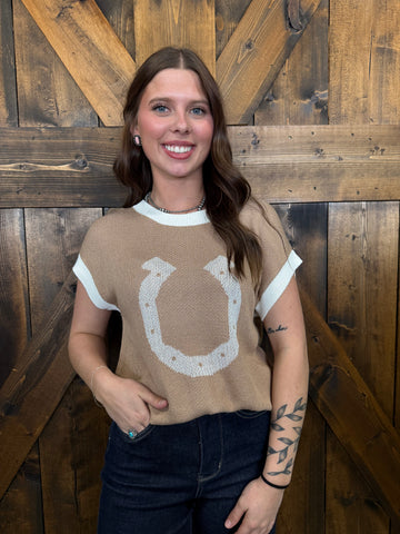 Beige Horse Shoe Contrast Trim Short Sleeve Sweater Top