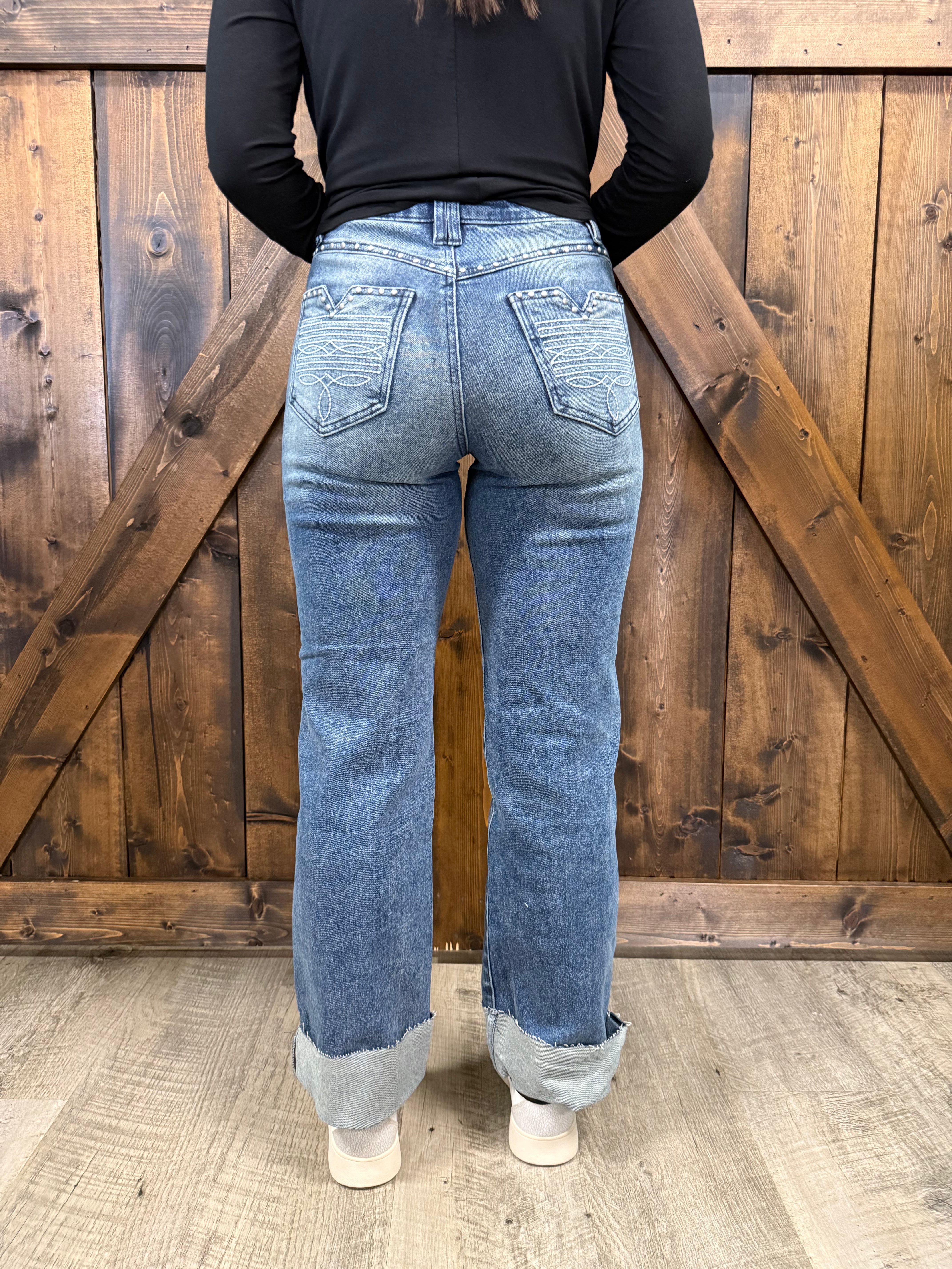 L&B Mid Wash Cuffed High Rise Studded Pocket Jeans