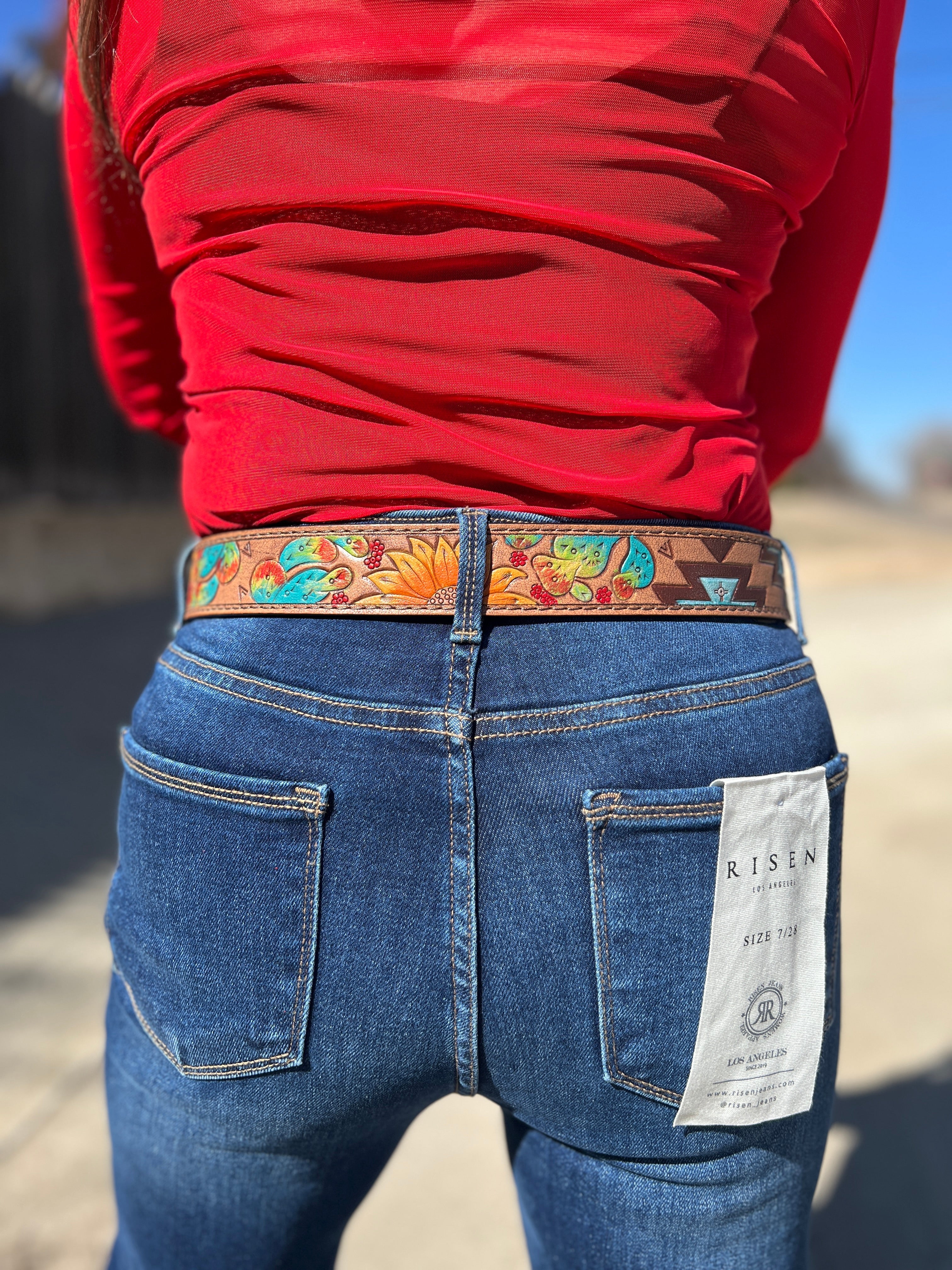 Olay Hand Painted Desert Flowers Tooled Leather Belt