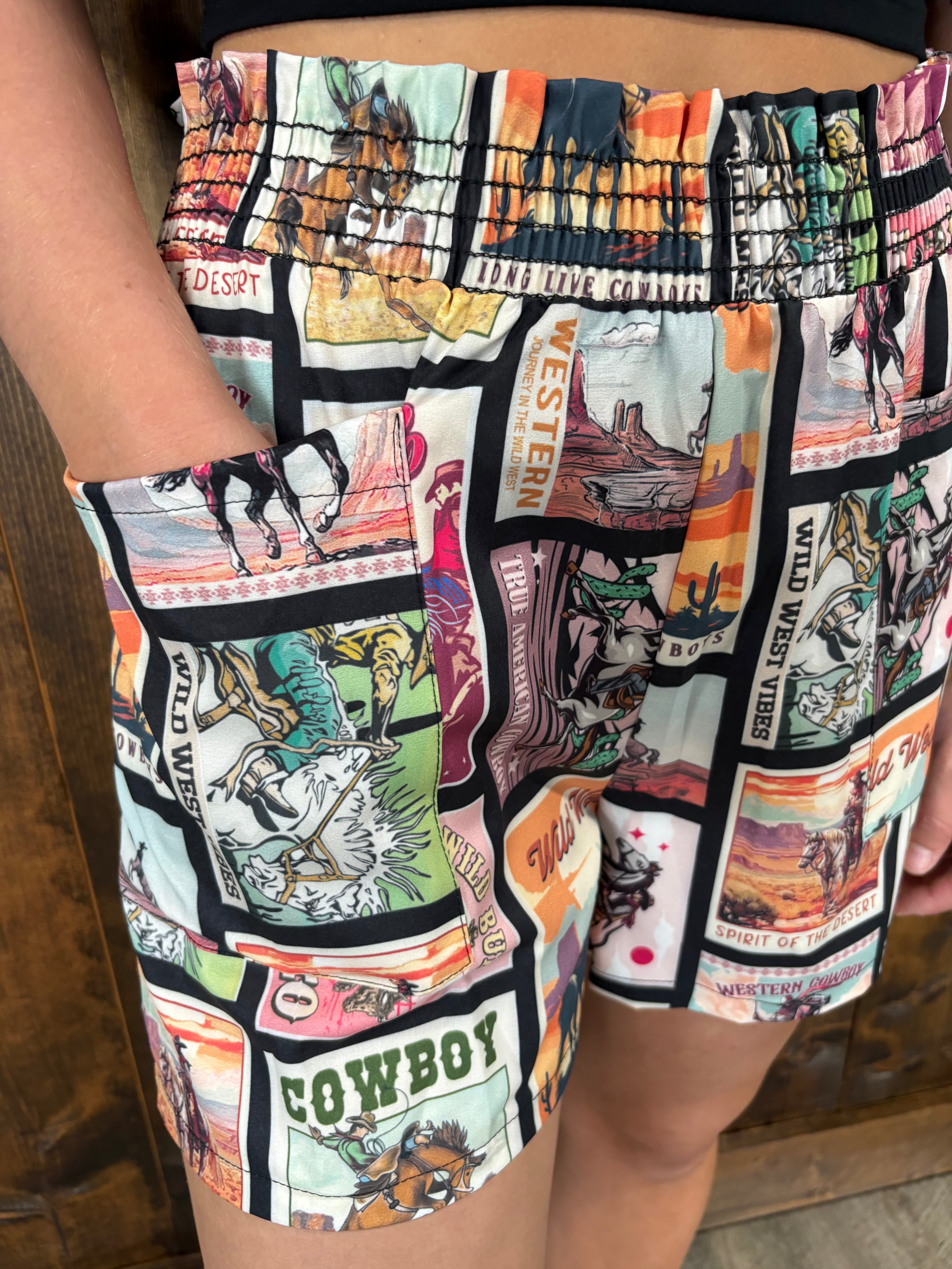 Vintage Western Print Smock Woven Shorts
