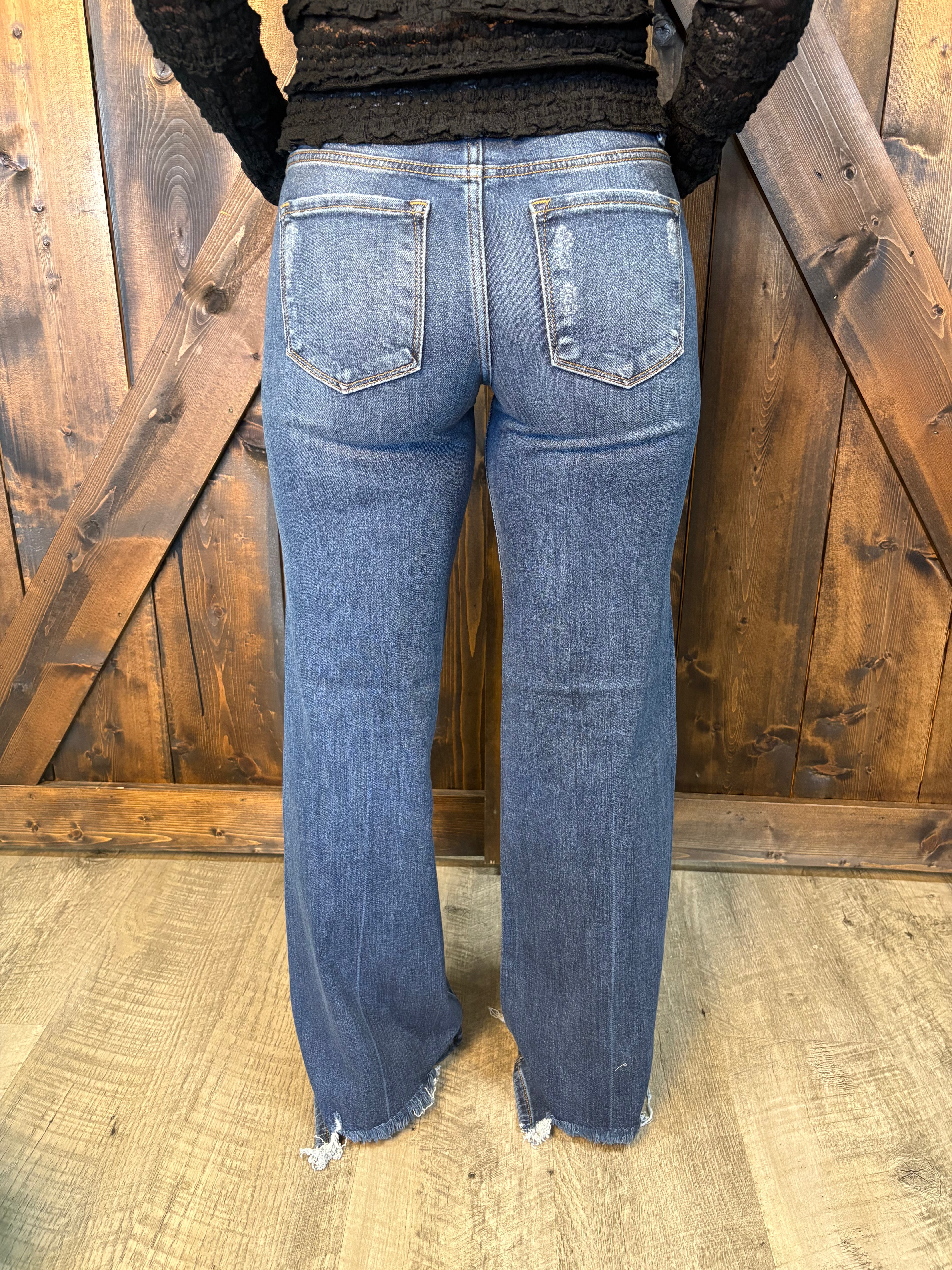 Risen Mid Rise Dark Wash Wide Leg Jeans