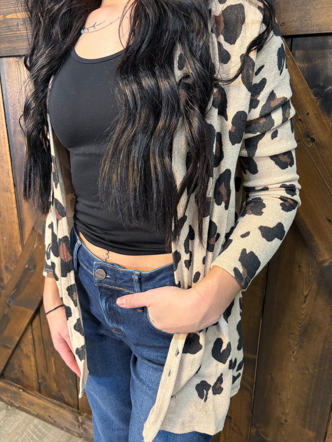 Khaki Leopard Print Knit Cardigan