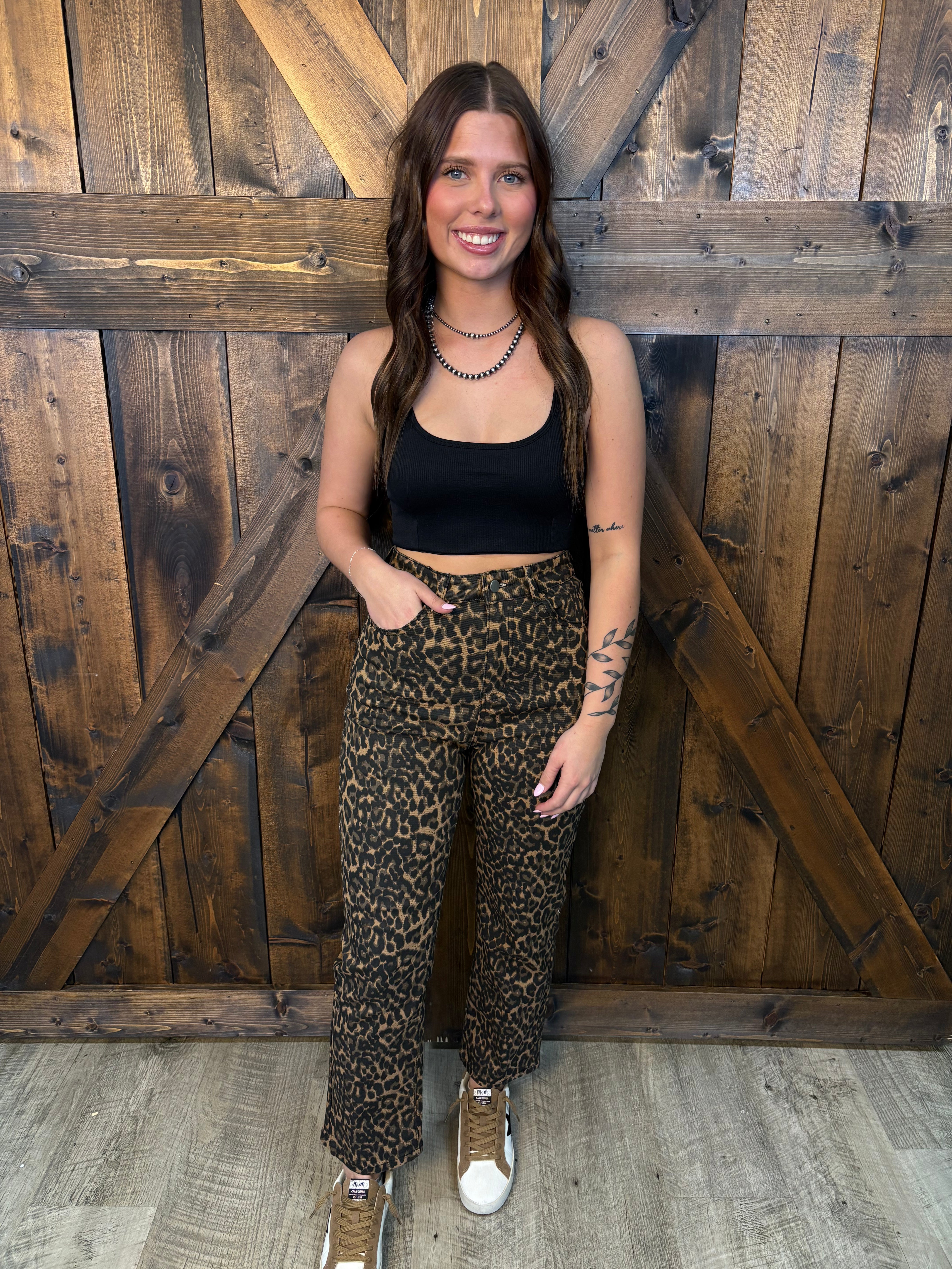Denim Leopard Print Straight Leg Jeans