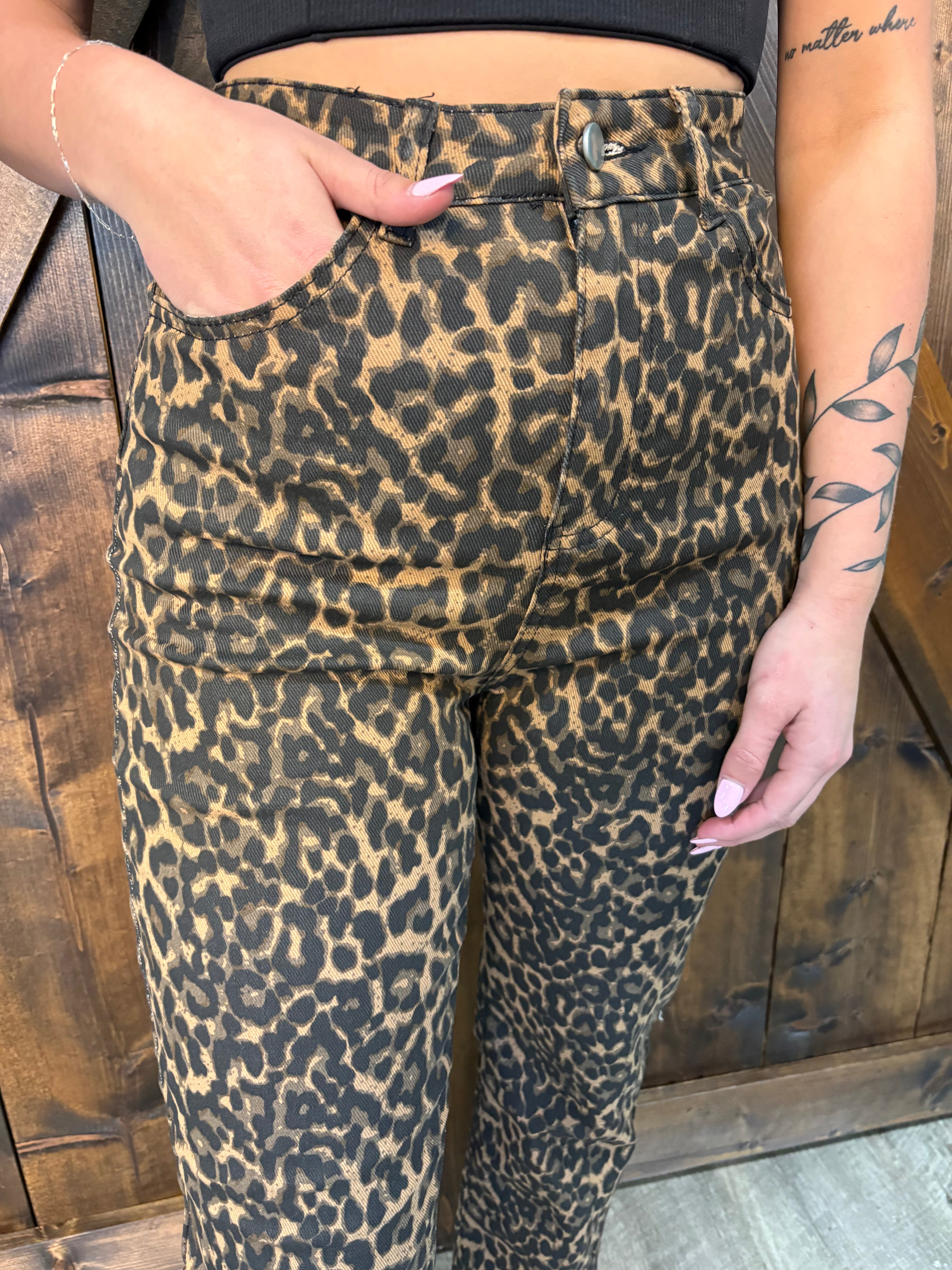 Denim Leopard Print Straight Leg Jeans
