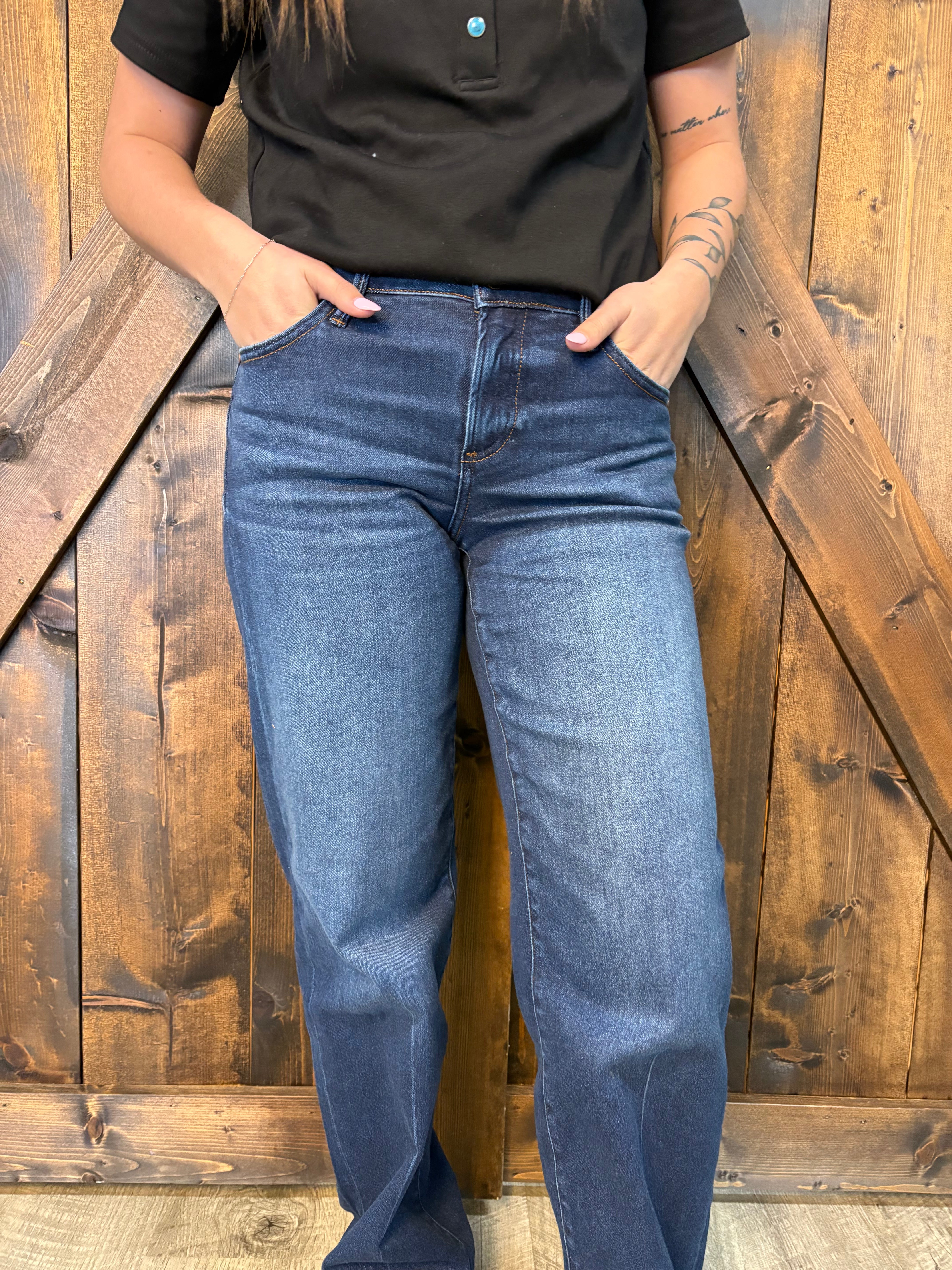 Risen Dark Wash Mid Rise Wide Baggy Jeans