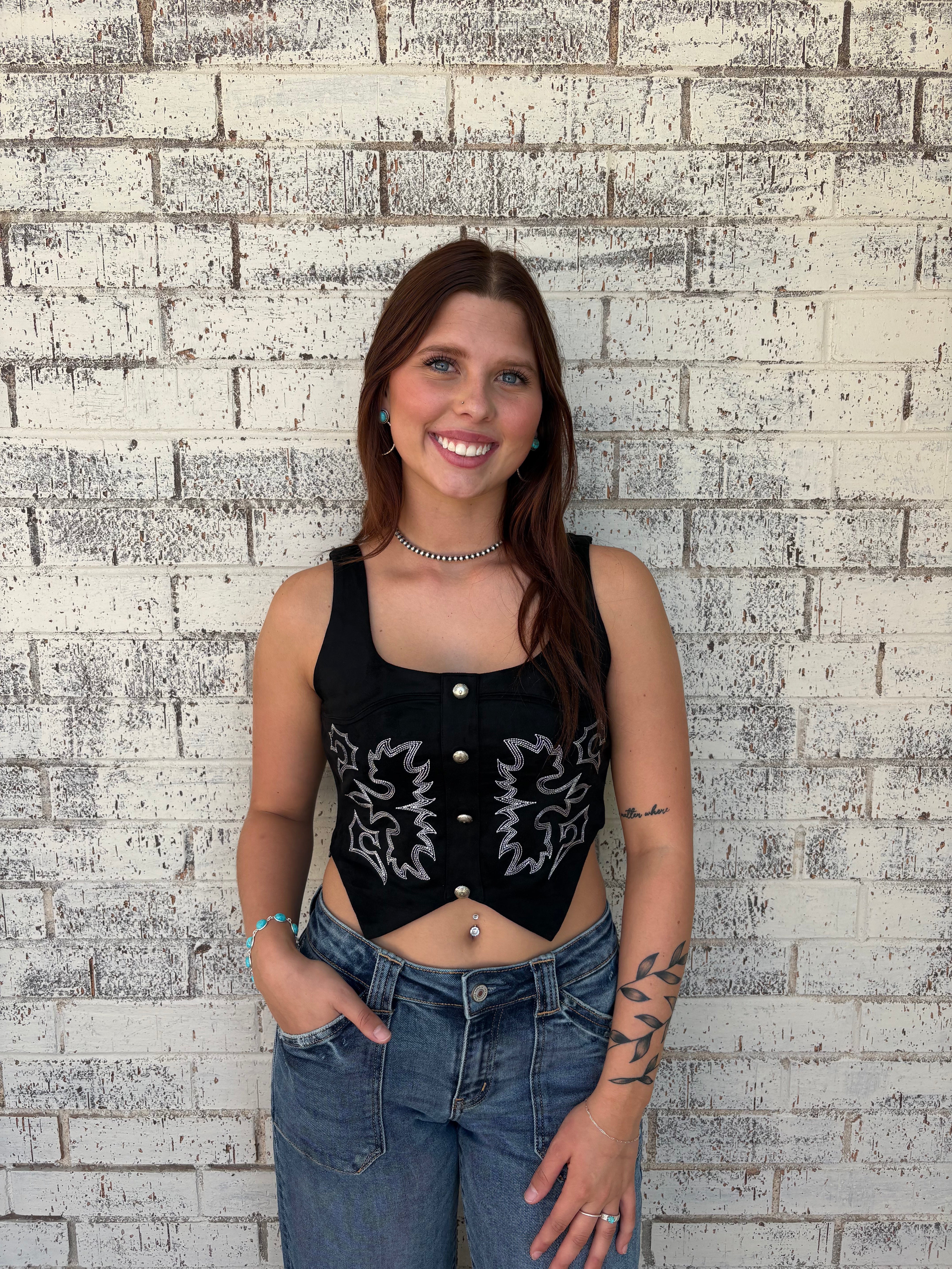 Black Suede Boot Stitch Embroidered Corset Top