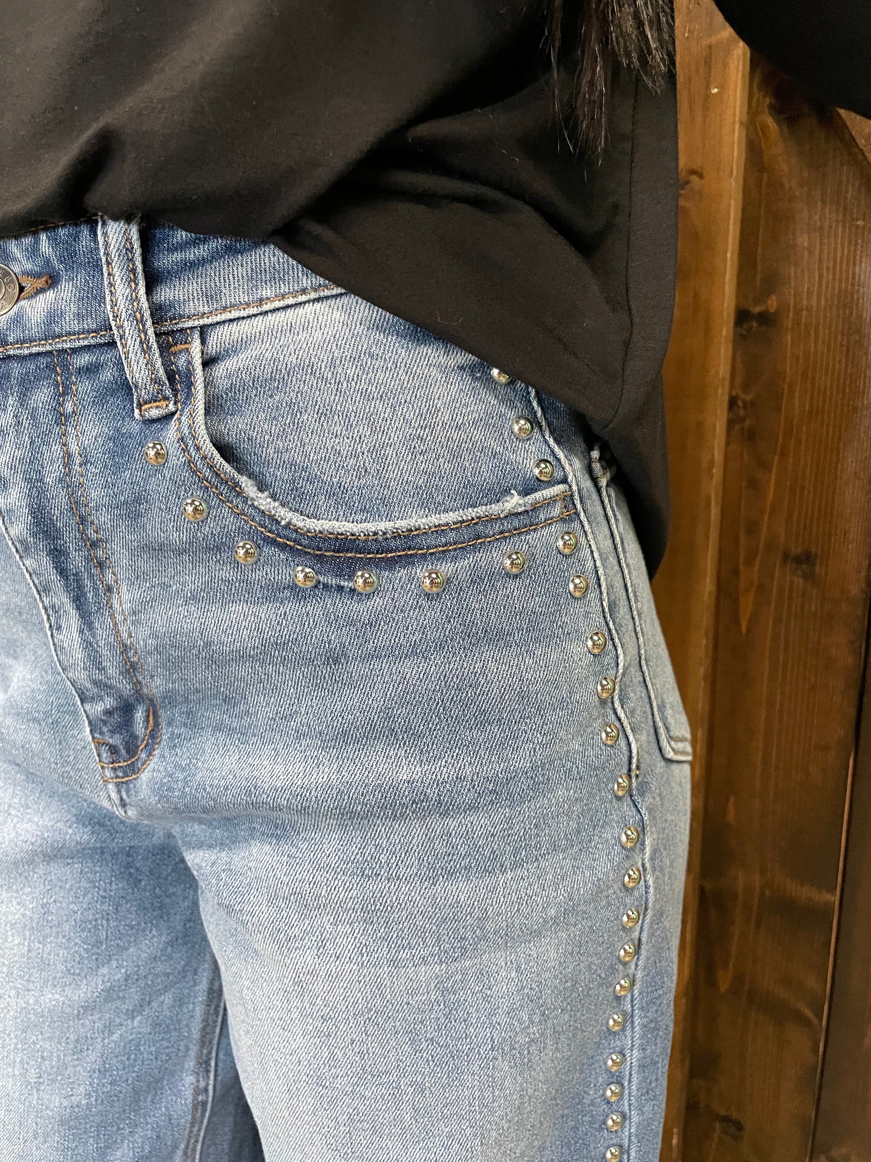 Studded Medium Wash High Rise Wide Leg Jeans