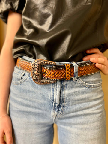 Sunflower Of Dusk Tooled Leather Belt