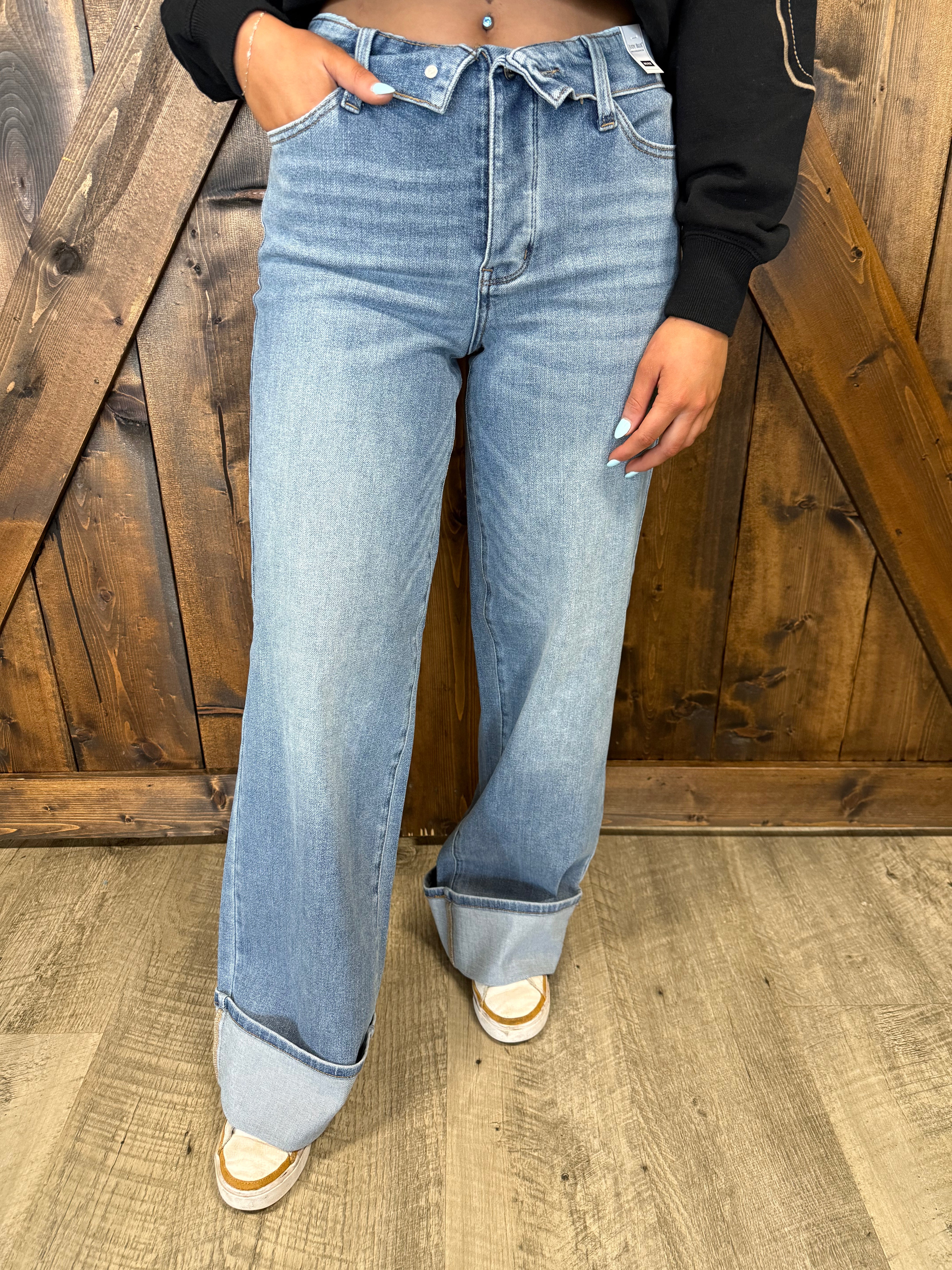 Judy Blue Mid Rise Straight Led w/ Fold Over Waistband