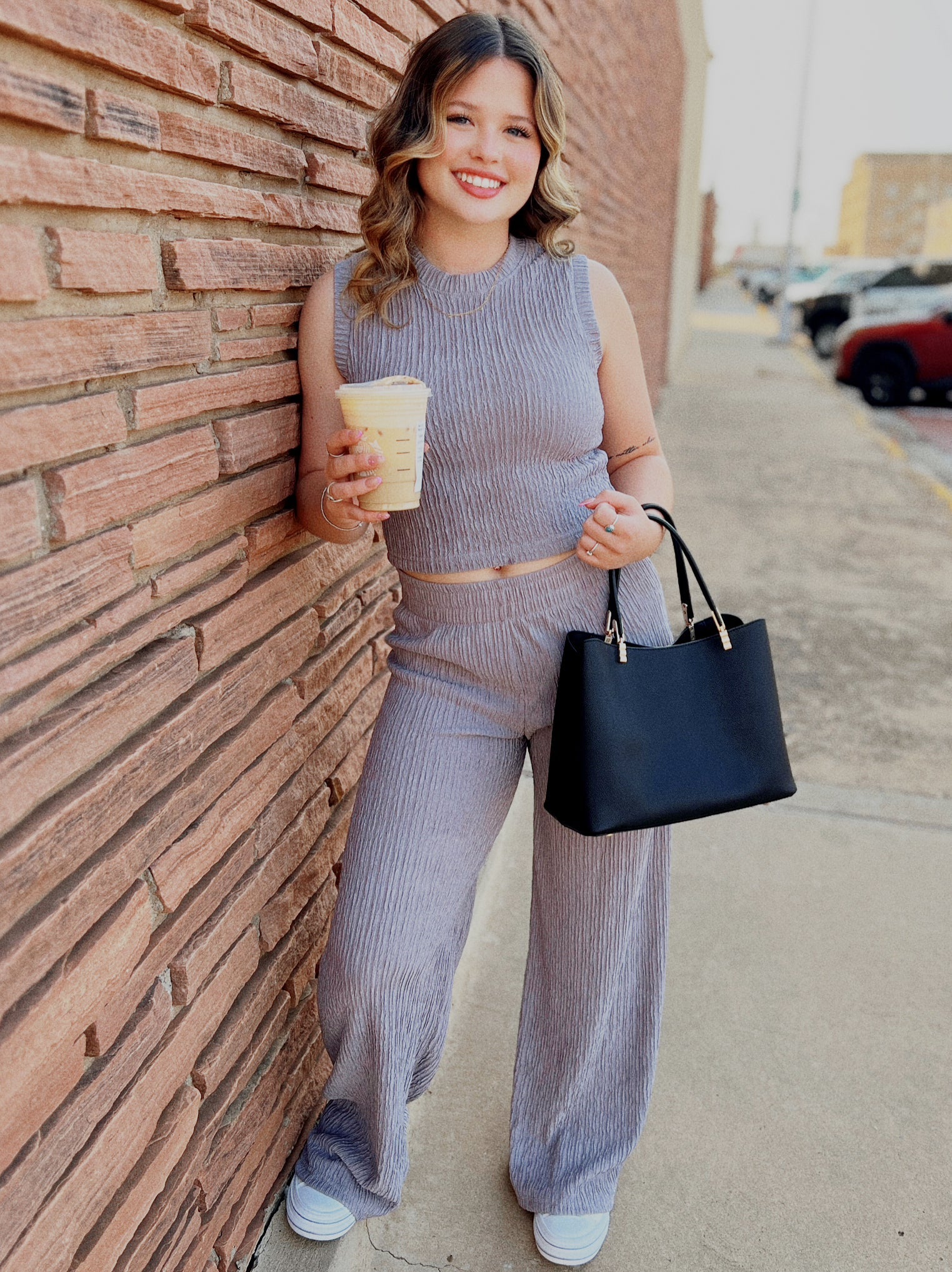 Grey Crinkle Ribbed Two Piece Matching Set