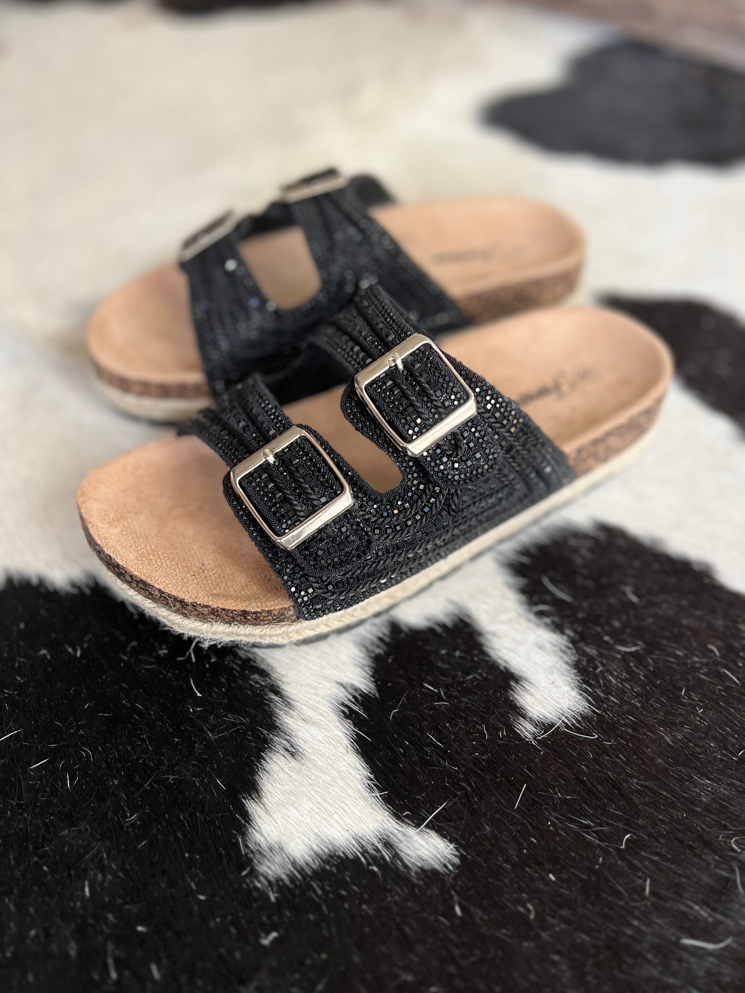 Black Rhinestone Double Buckle Burke Sandals*