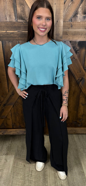 Black Crinkle Wide Leg Palazzo Pants