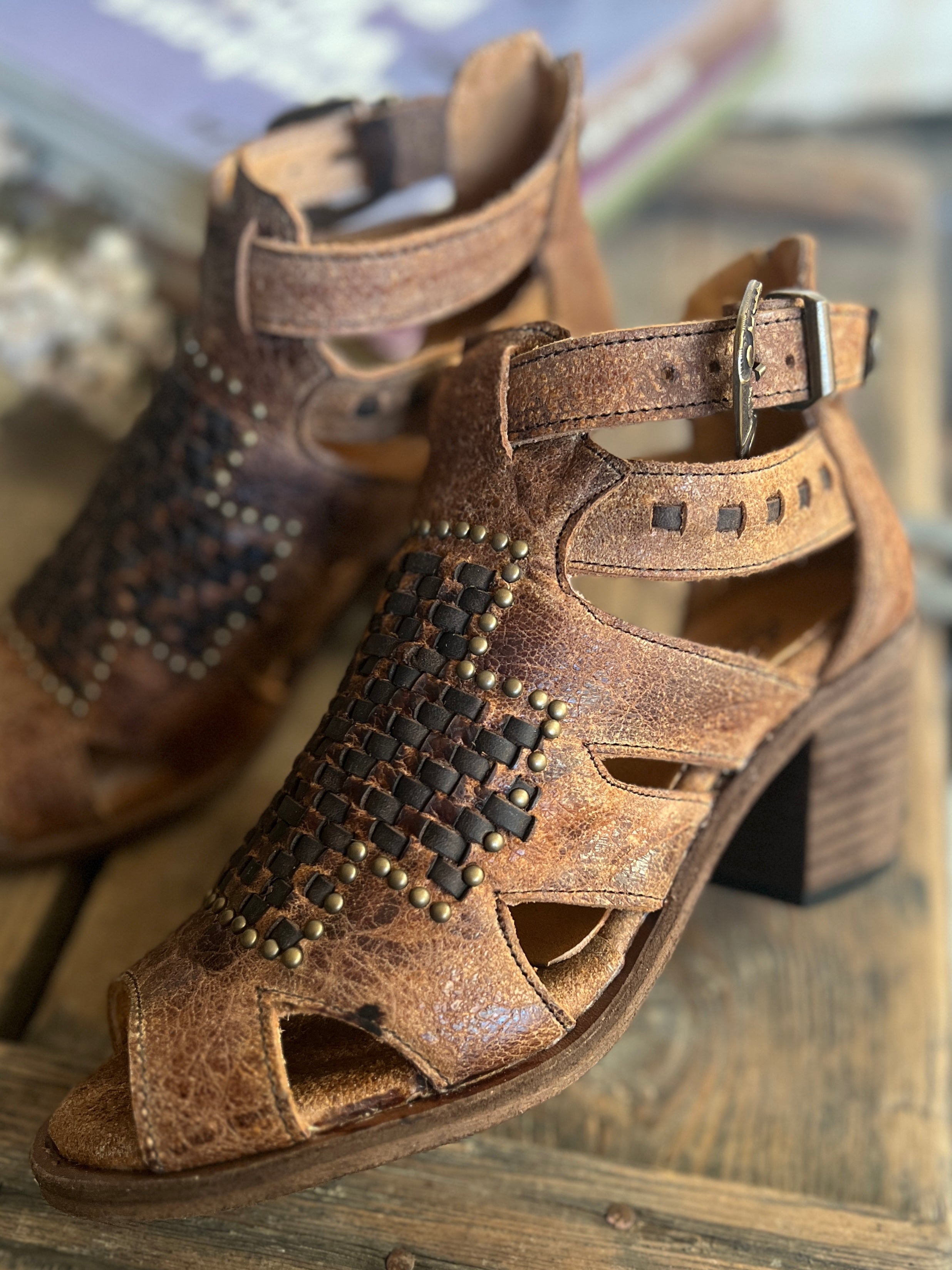 Agave Sky Open Toe Leather Studded Heel Sandal*