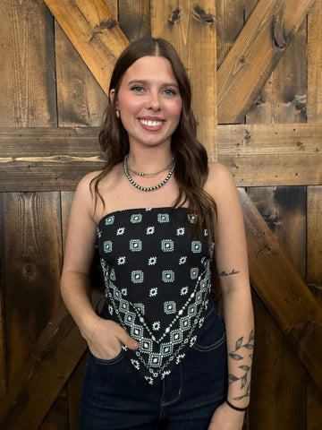 L&B Black & Ivory Aztec Print Bandana Corset Top