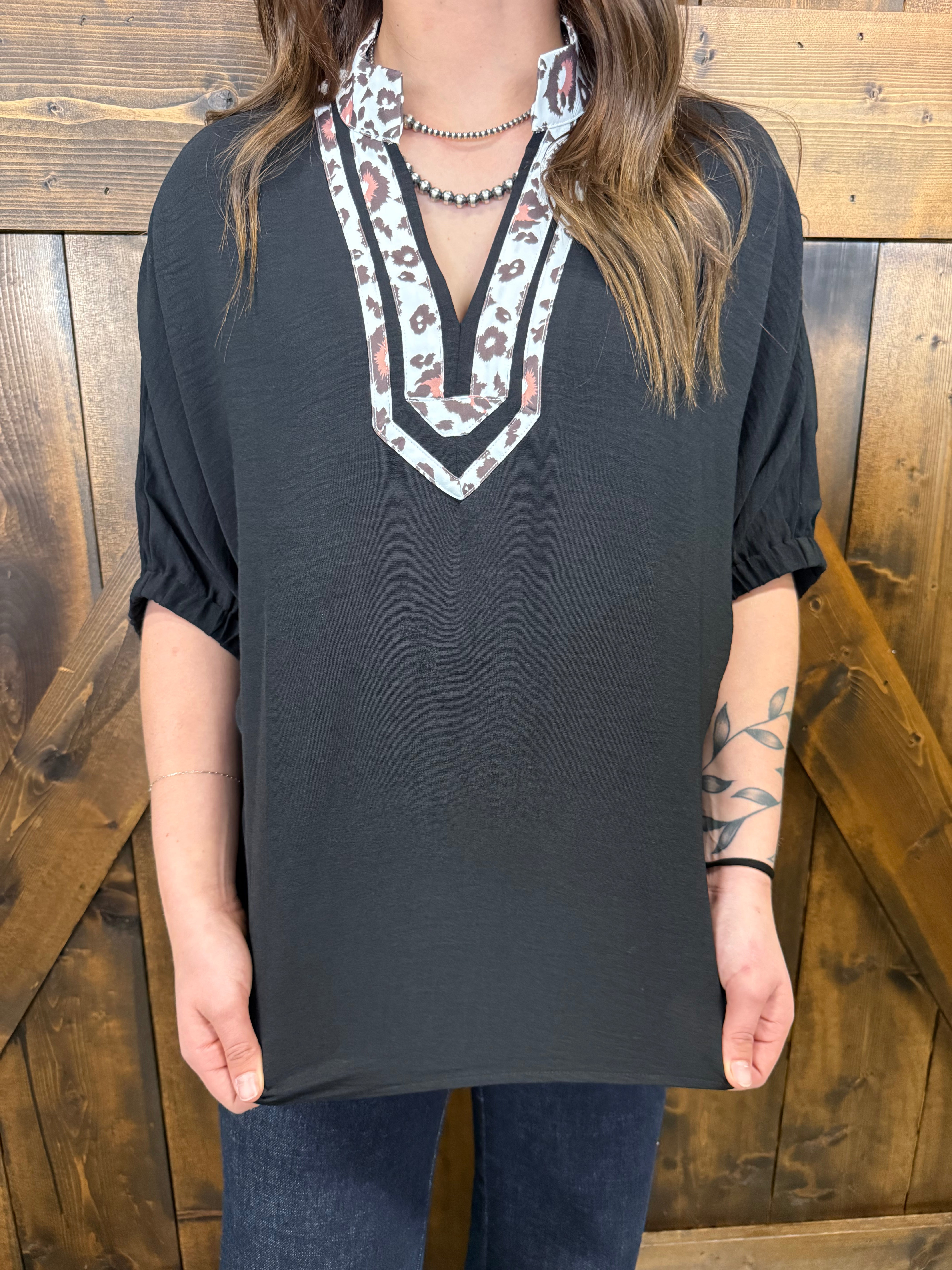 Western Leopard Print Trimmed Half Sleeve Top - 2 Colors