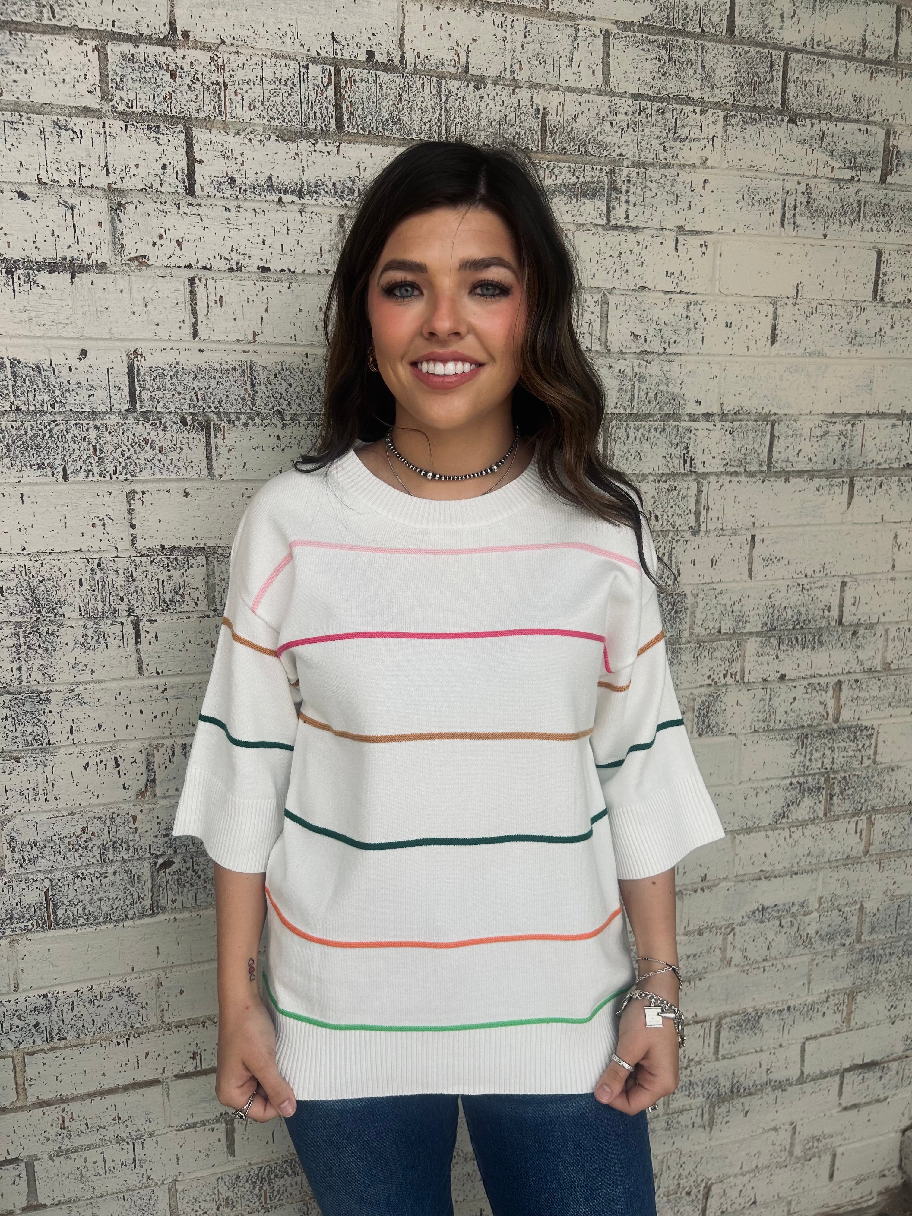 White Striped Half Sleeve Drop Shoulder Sweater Top*