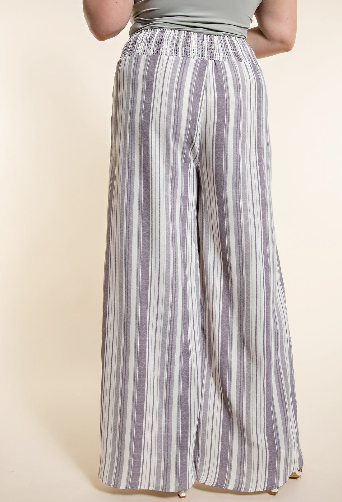 Plus Grey Stripe Smocked Pants