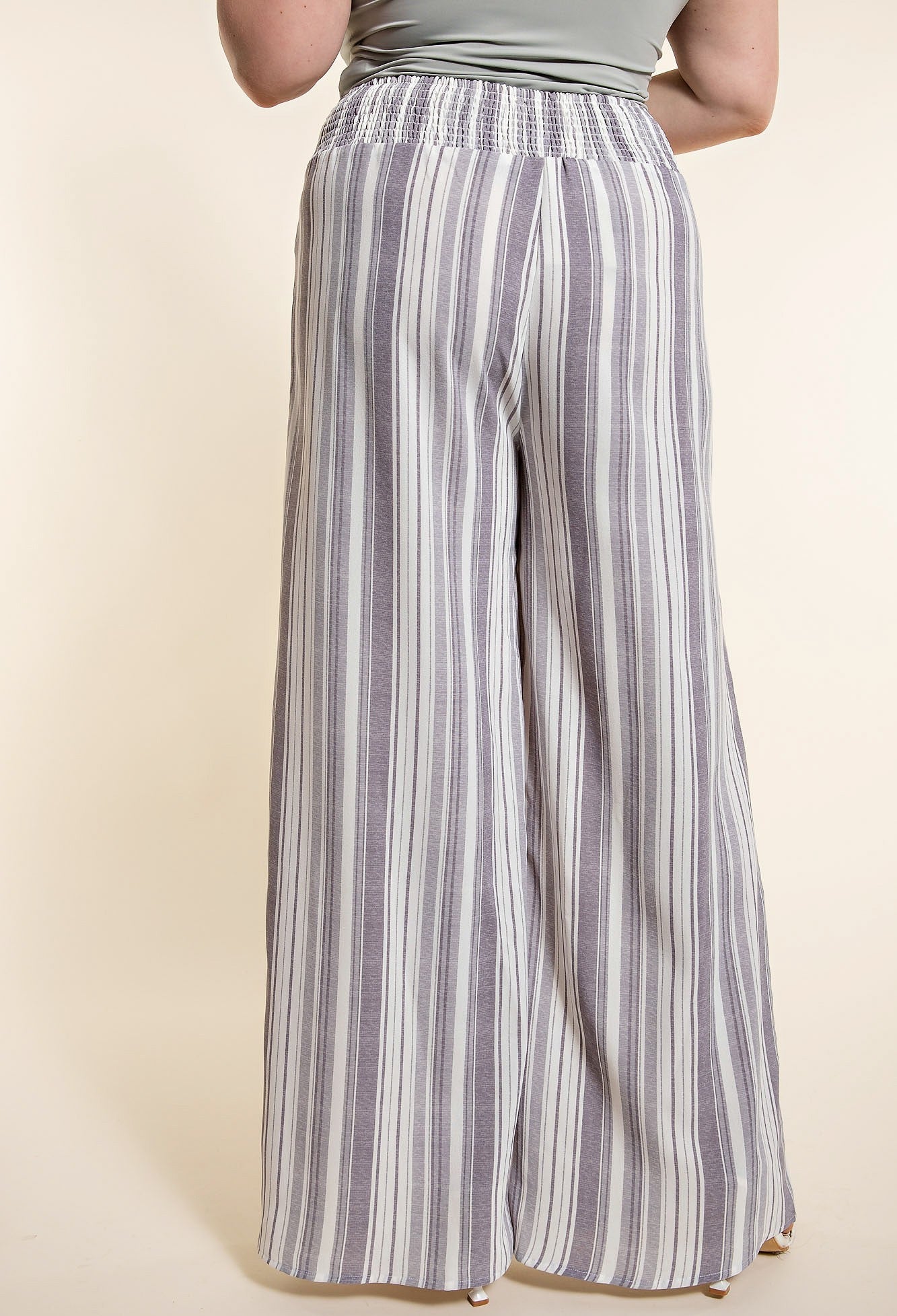 Plus Grey Stripe Smocked Pants