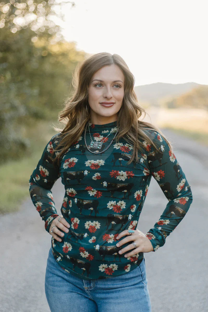 Sterling Kreek Poinsettias On The Prairie Mesh Top*
