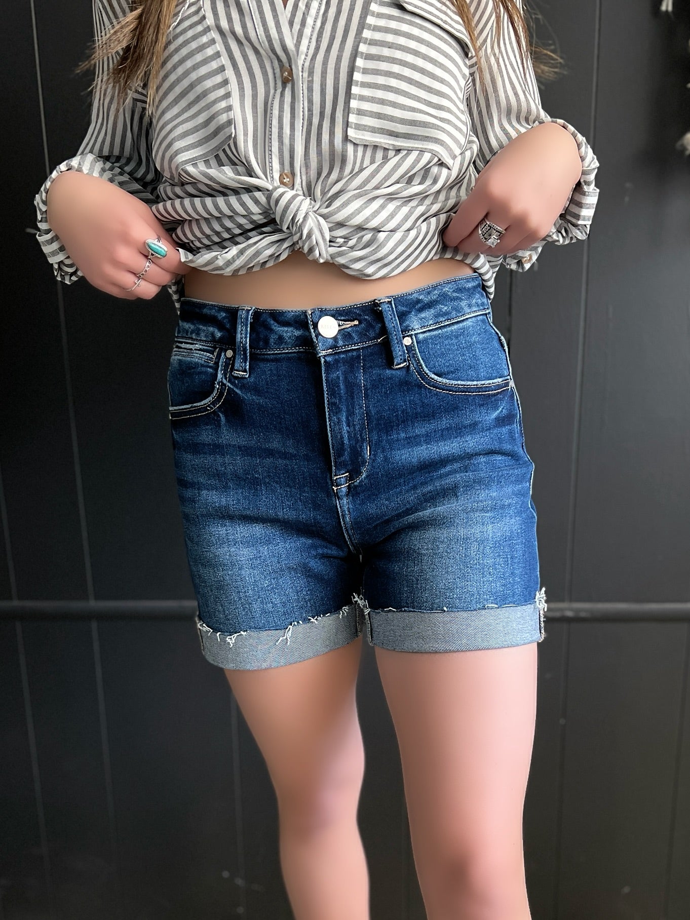 Risen Dark Wash High Rise Cuffed Denim Shorts*