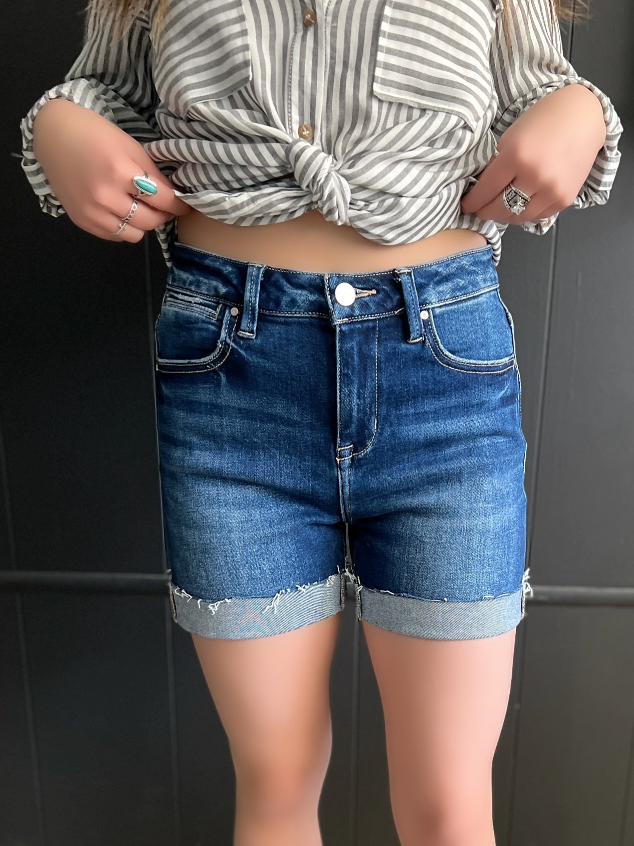 Risen Dark Wash High Rise Cuffed Denim Shorts*