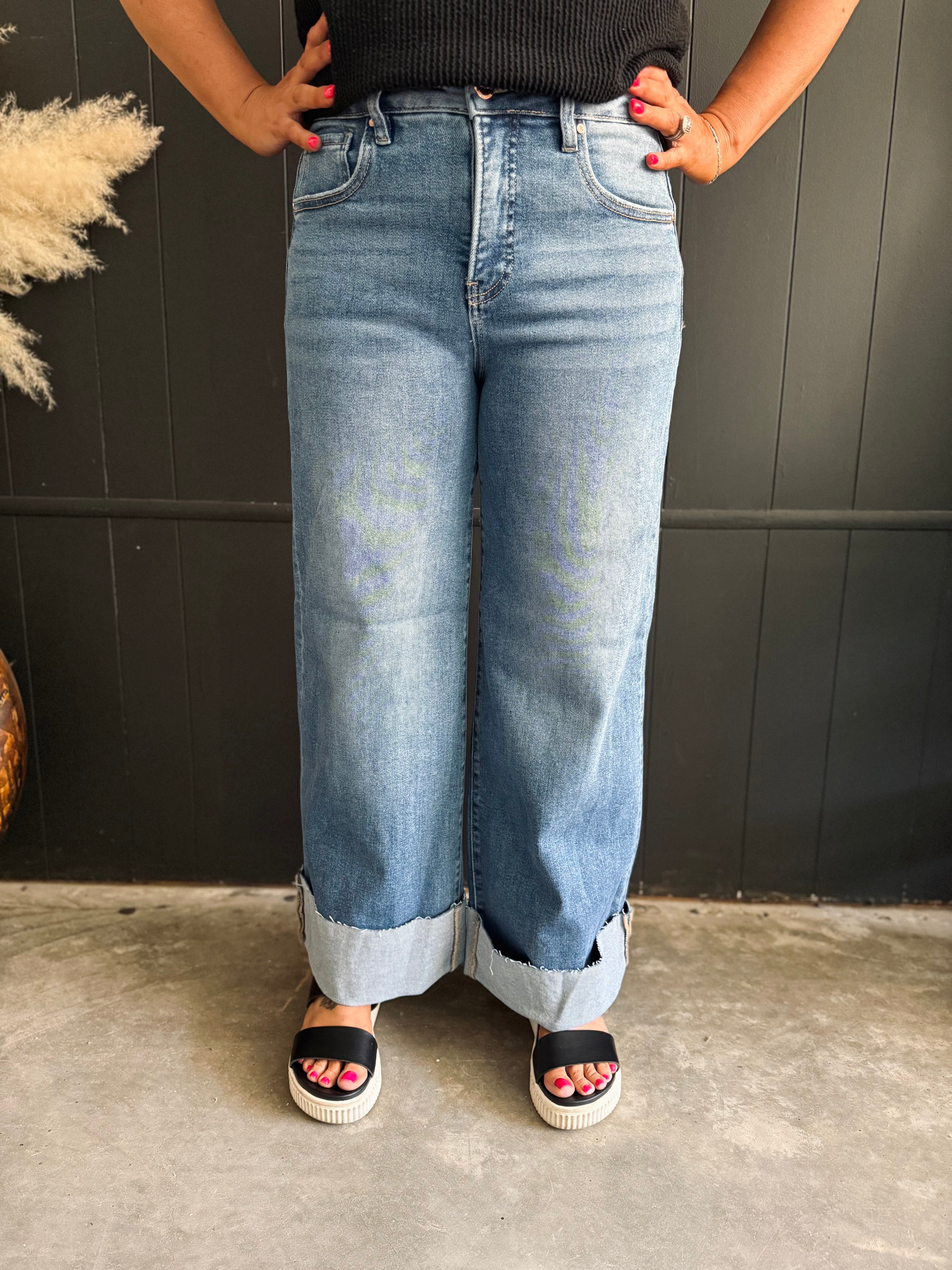 Risen High Rise Wide Leg Cuffed Jeans