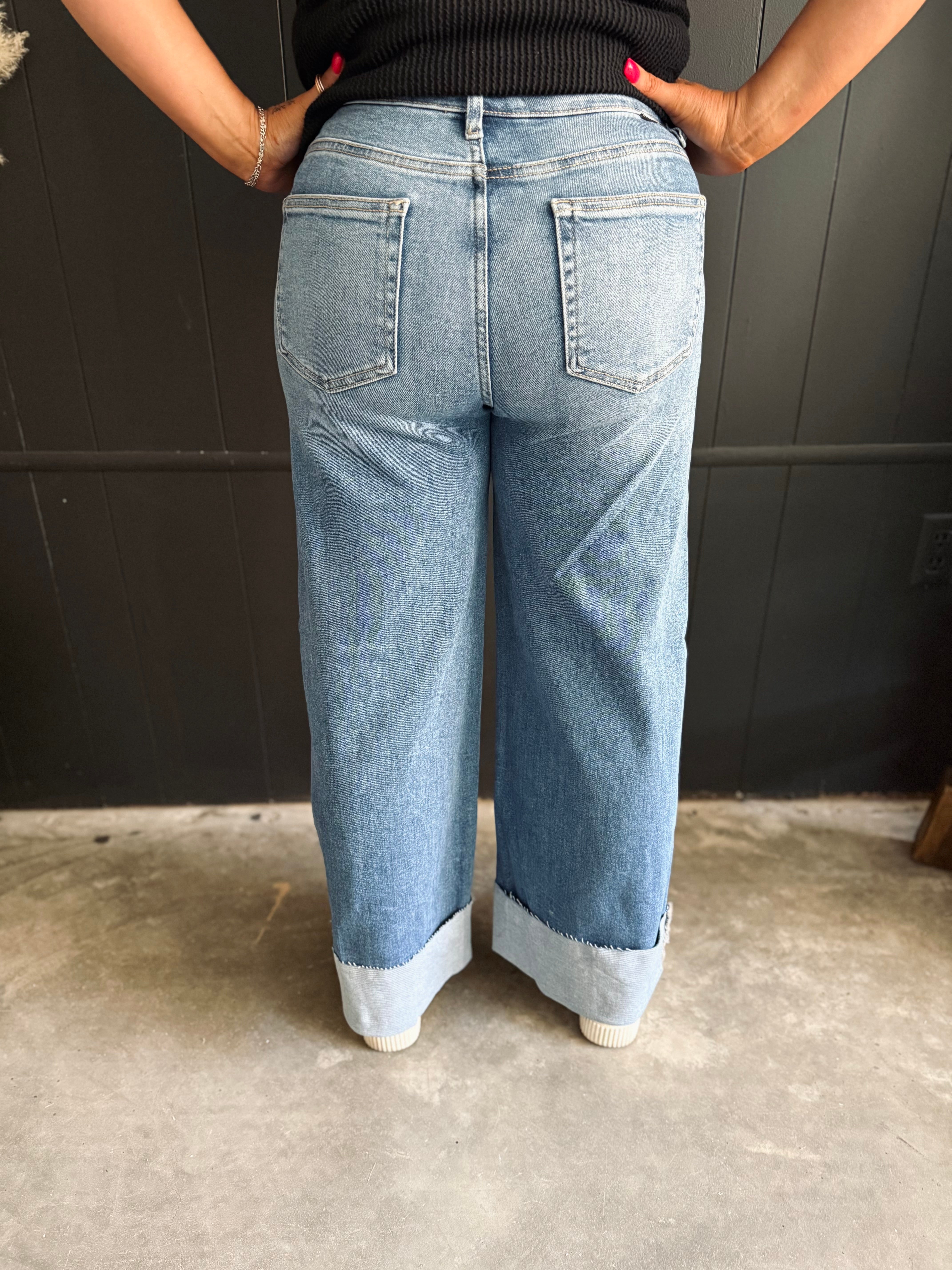 Risen High Rise Wide Leg Cuffed Jeans