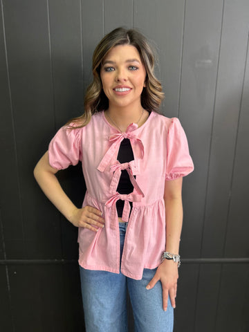 Short Sleeve Woven Front Bow Tie Top - 5 Colors*