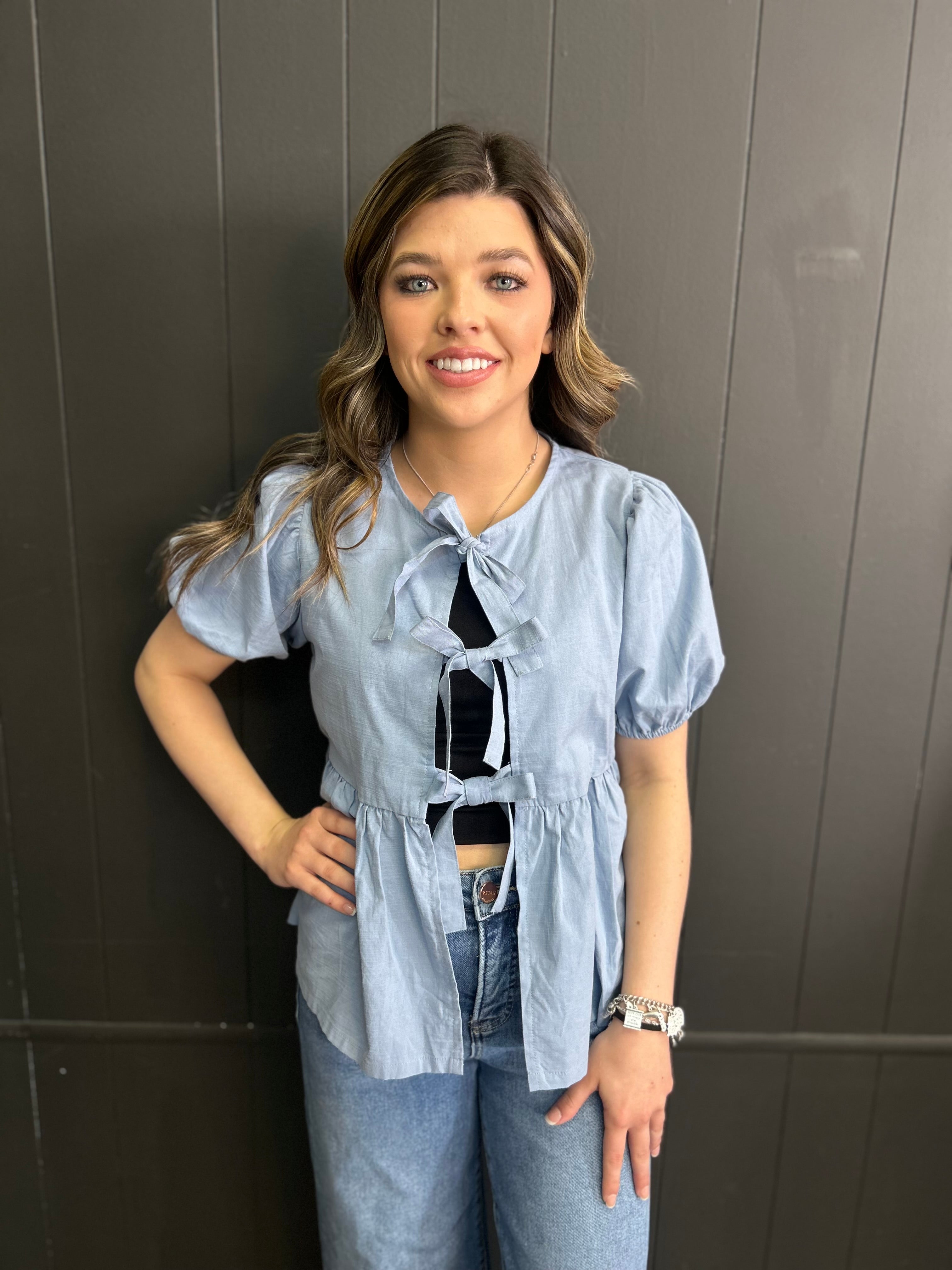 Short Sleeve Woven Front Bow Tie Top - 5 Colors*