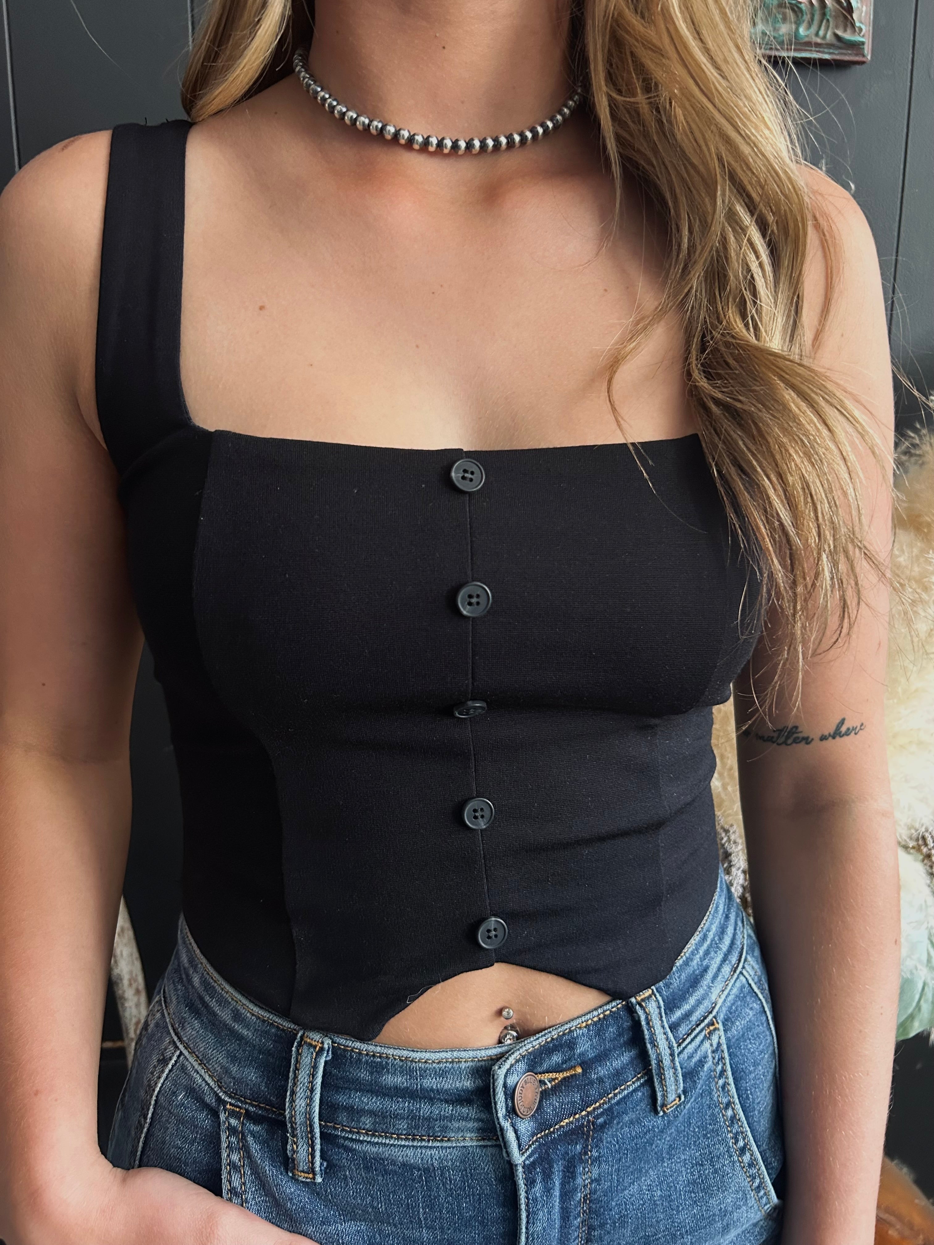 Square Neck Mock Button Sleeveless Knit Crop Top-2 Colors*