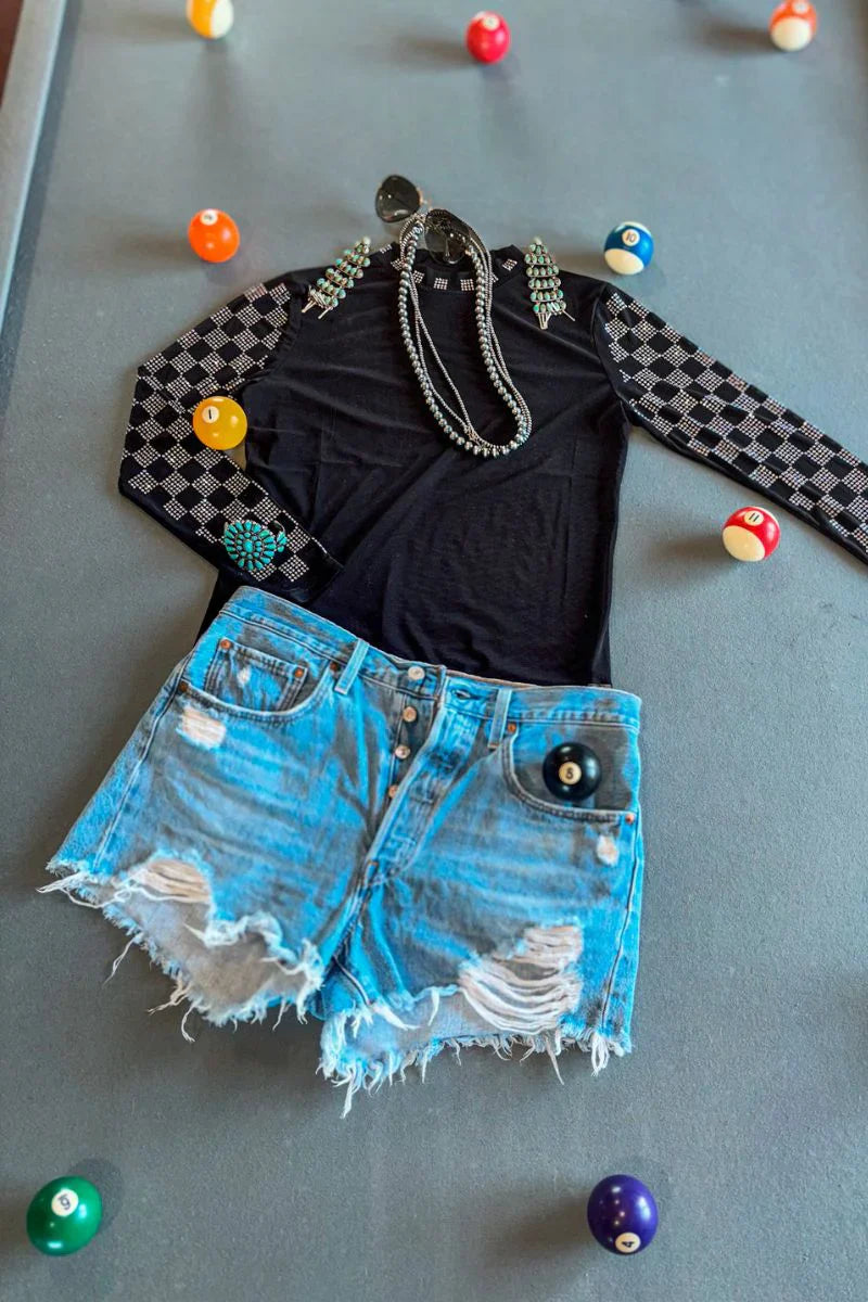 Sterling Kreek Checked In Black Mesh Top