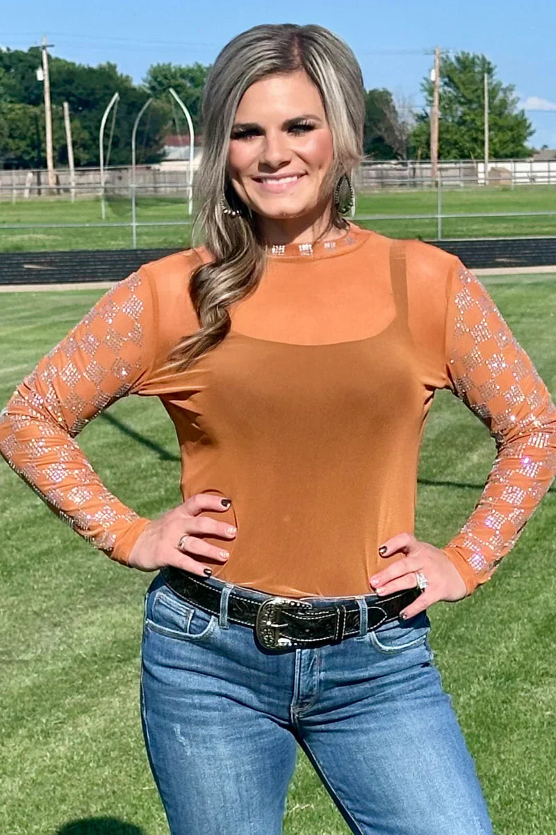Sterling Kreek Checked In Burnt Orange Mesh Top