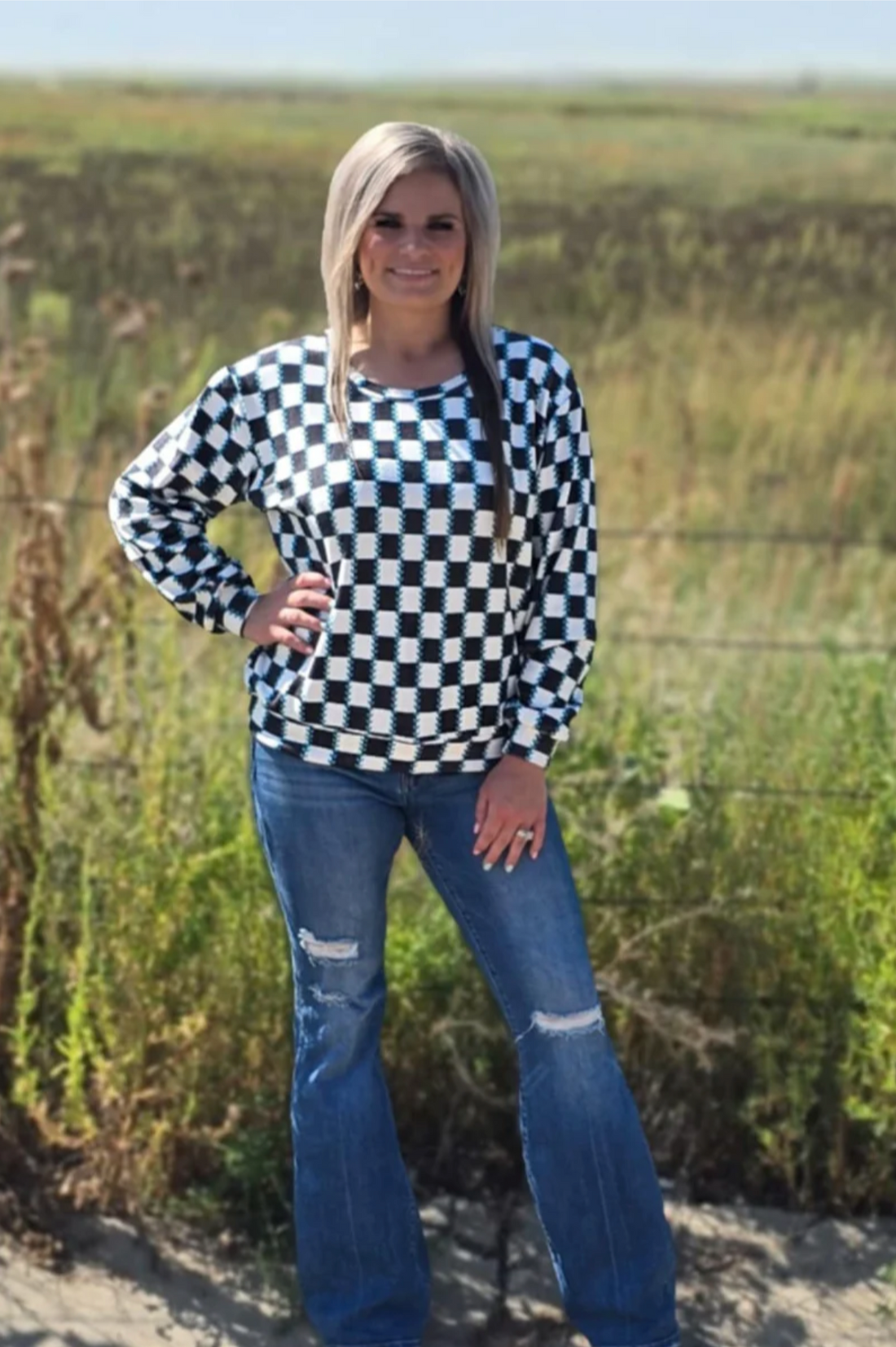Sterling Kreek Checked In Turquoise Long Sleeved Top