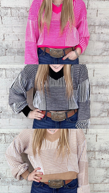 Striped Lantern Sleeve Cropped Sweater - 3 Colors*