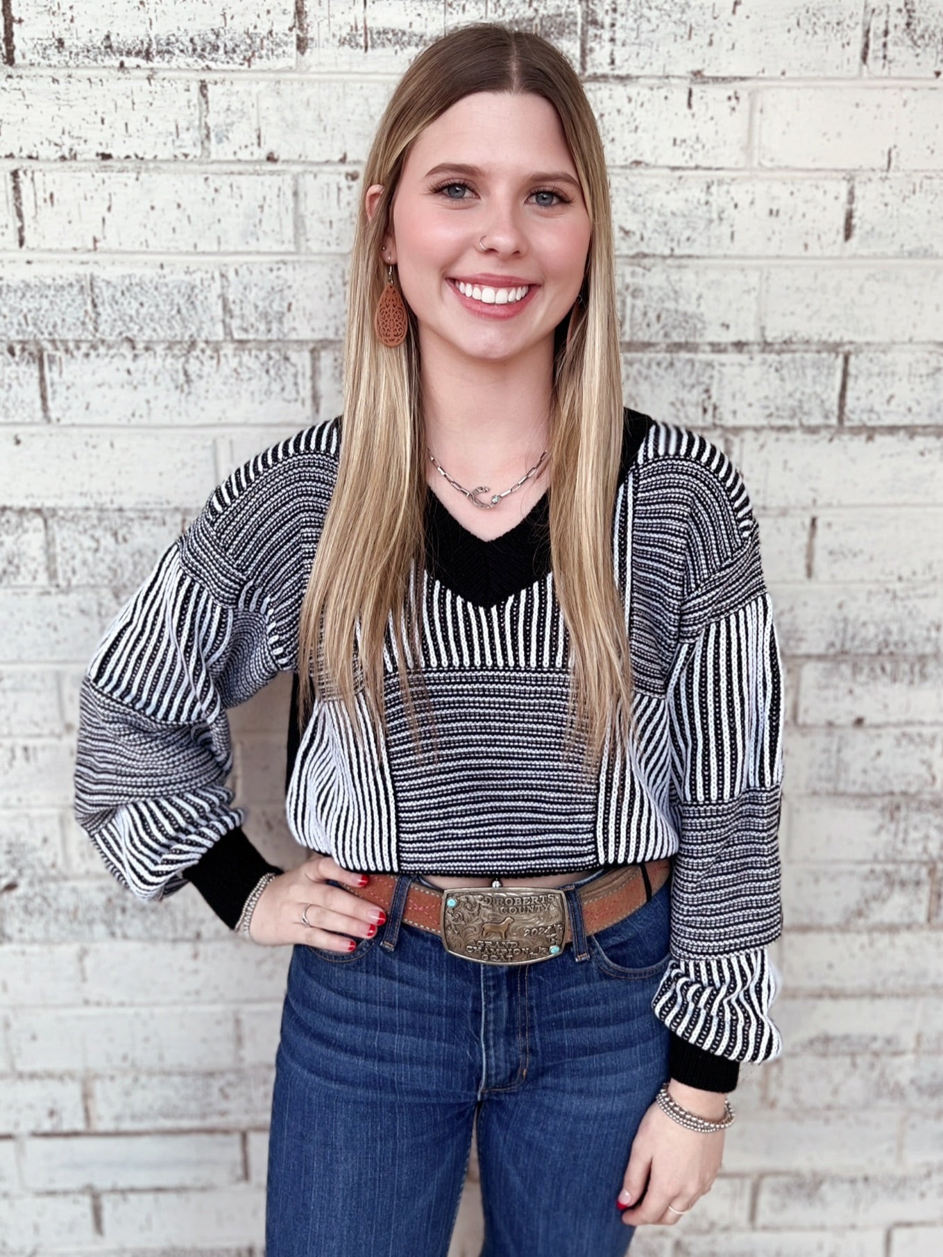 Striped Lantern Sleeve Cropped Sweater - 3 Colors*