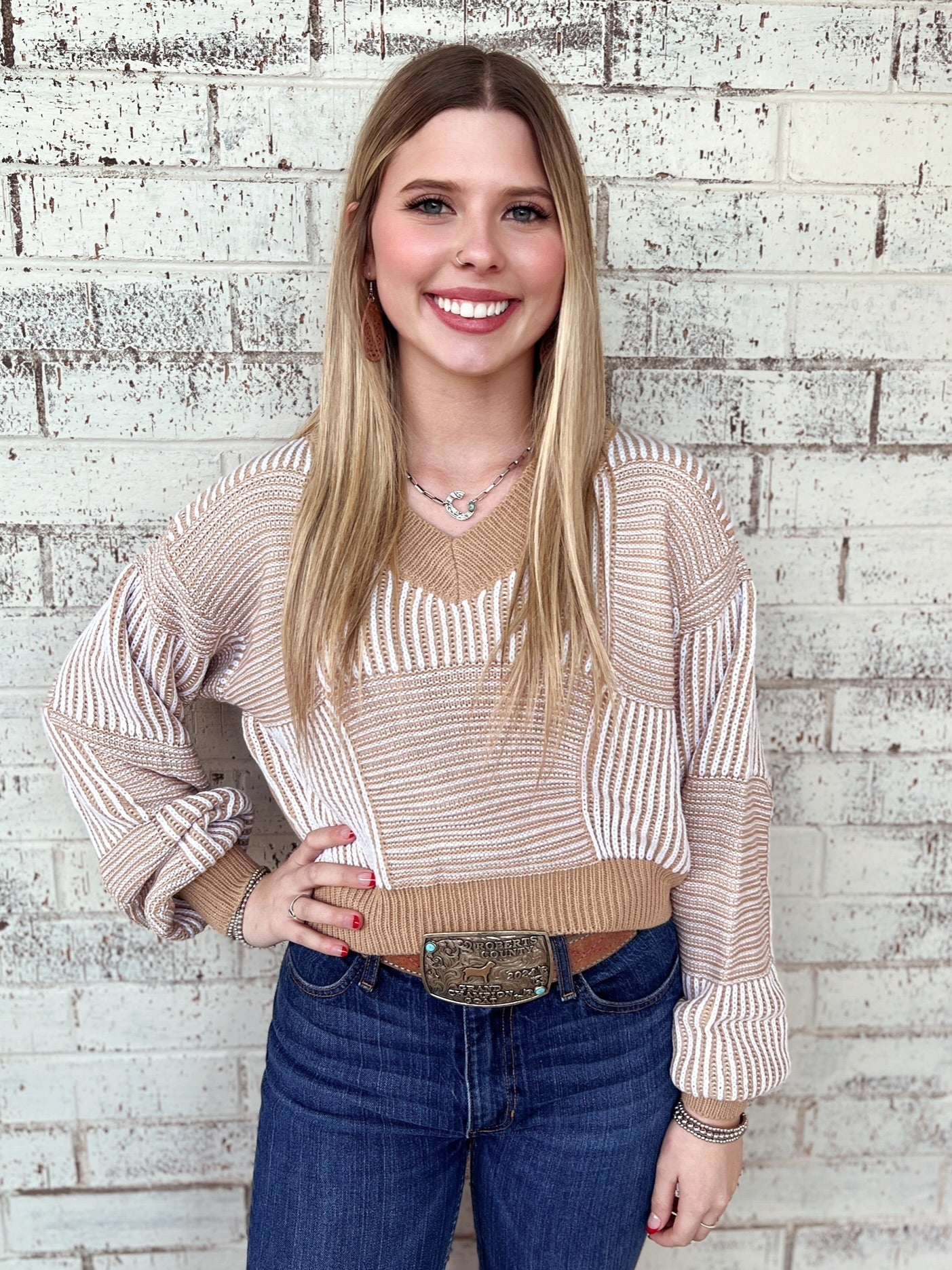 Striped Lantern Sleeve Cropped Sweater - 3 Colors*