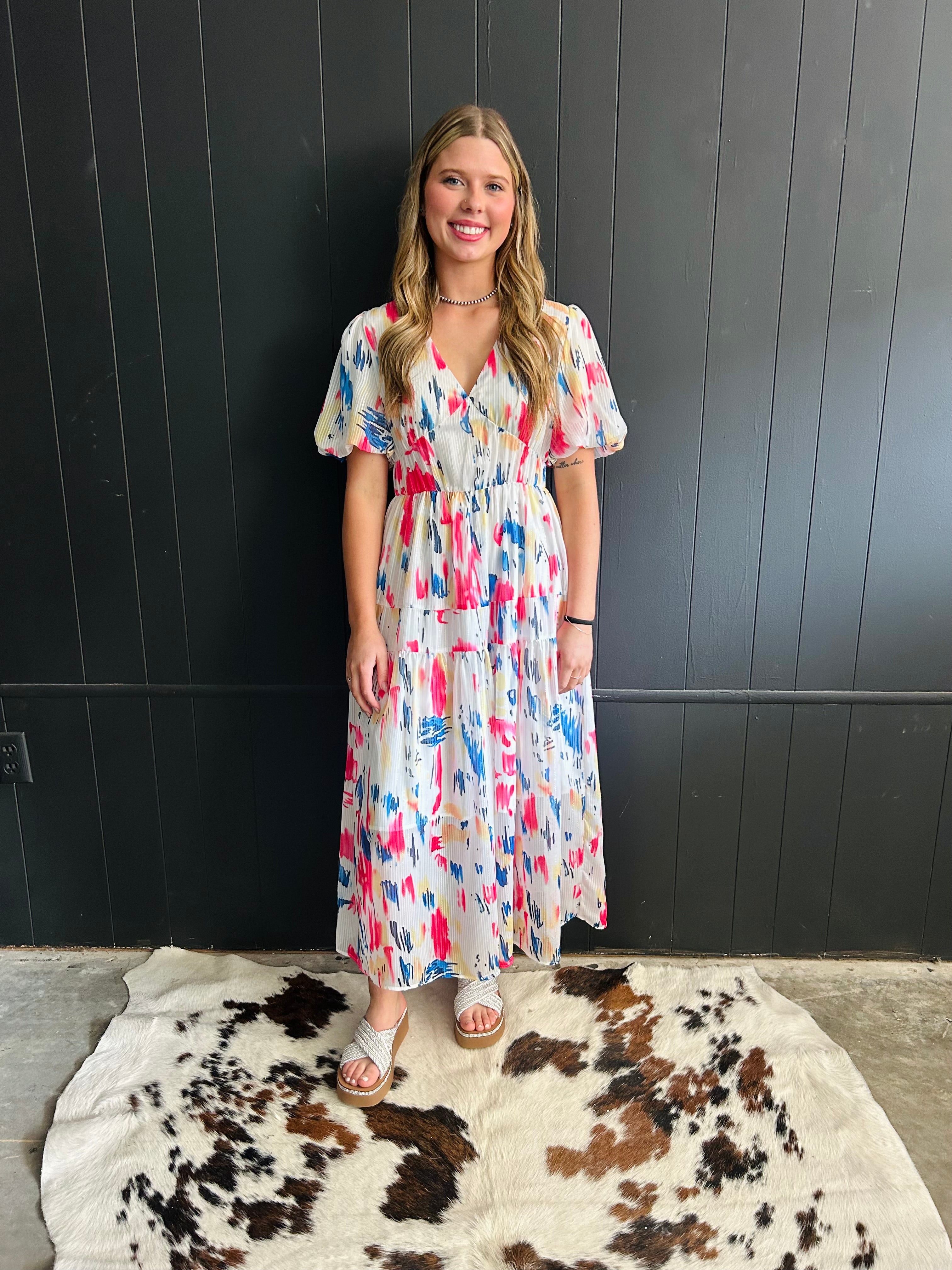 Water Color Print Puff Sleeve Tiered Maxi Dress*