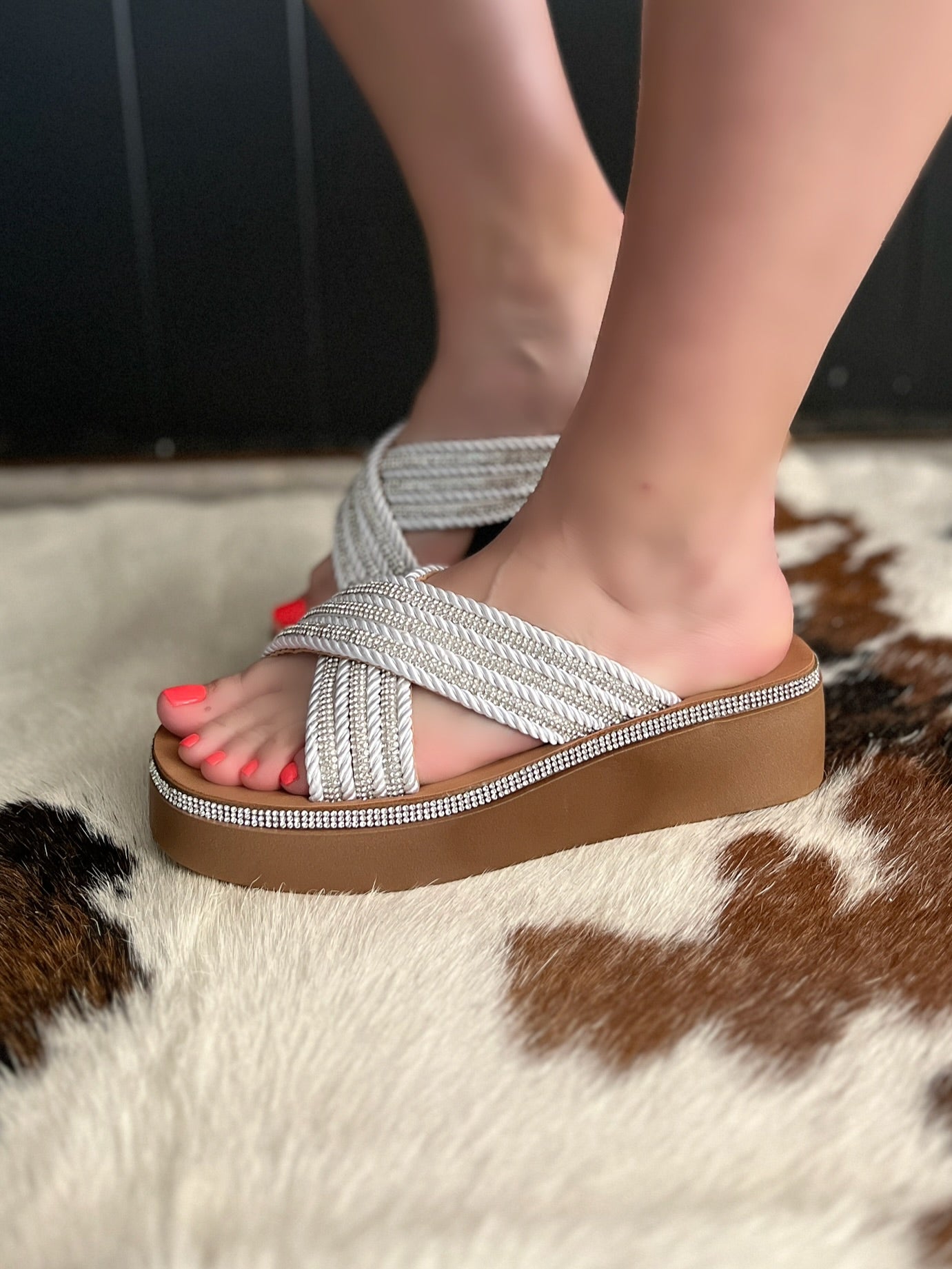 White Rhinestone Crisscross Platform Sandals*