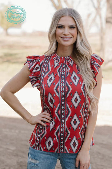 Sterling Kreek Red Aztec Babydoll Top
