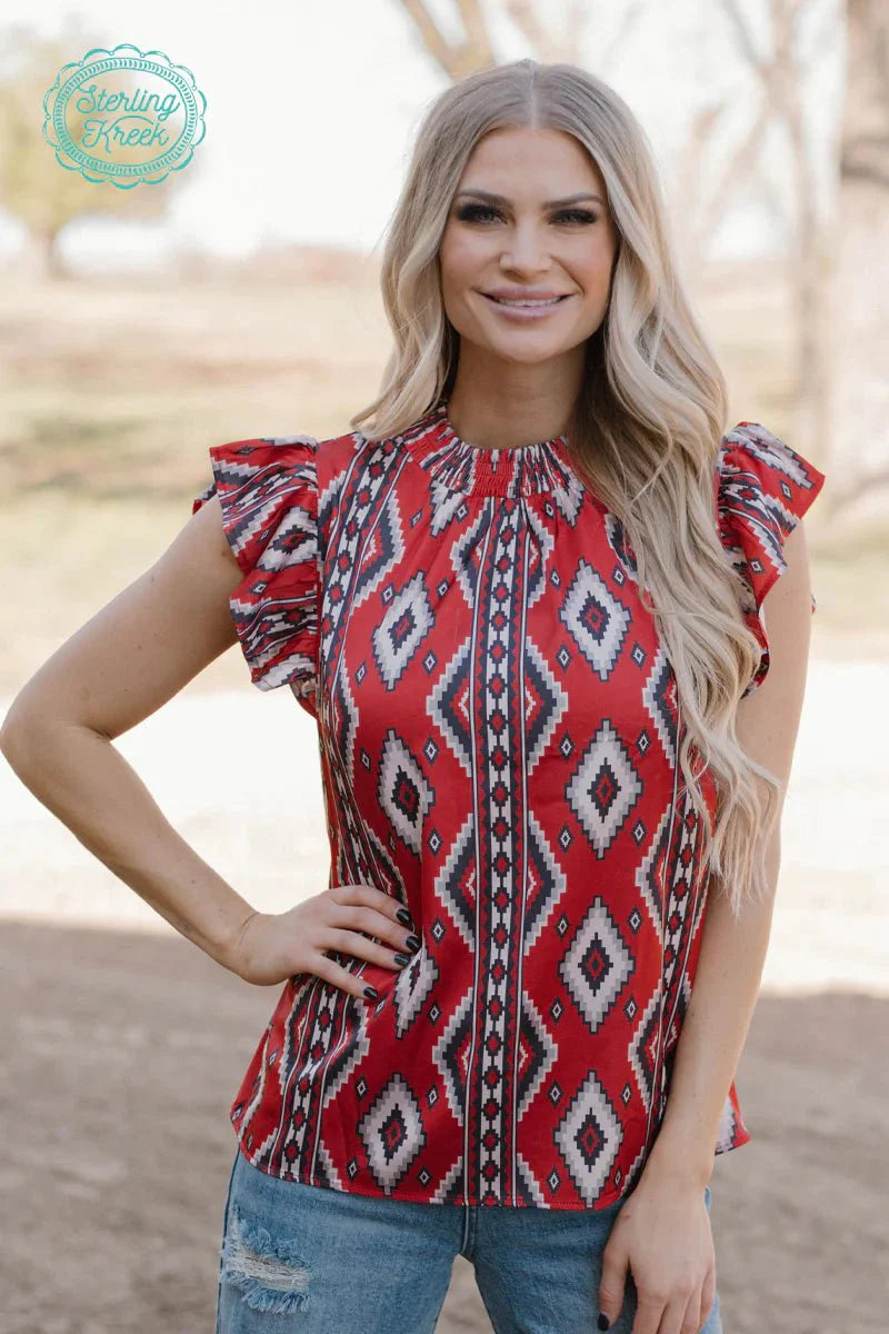 Sterling Kreek Red Aztec Babydoll Top